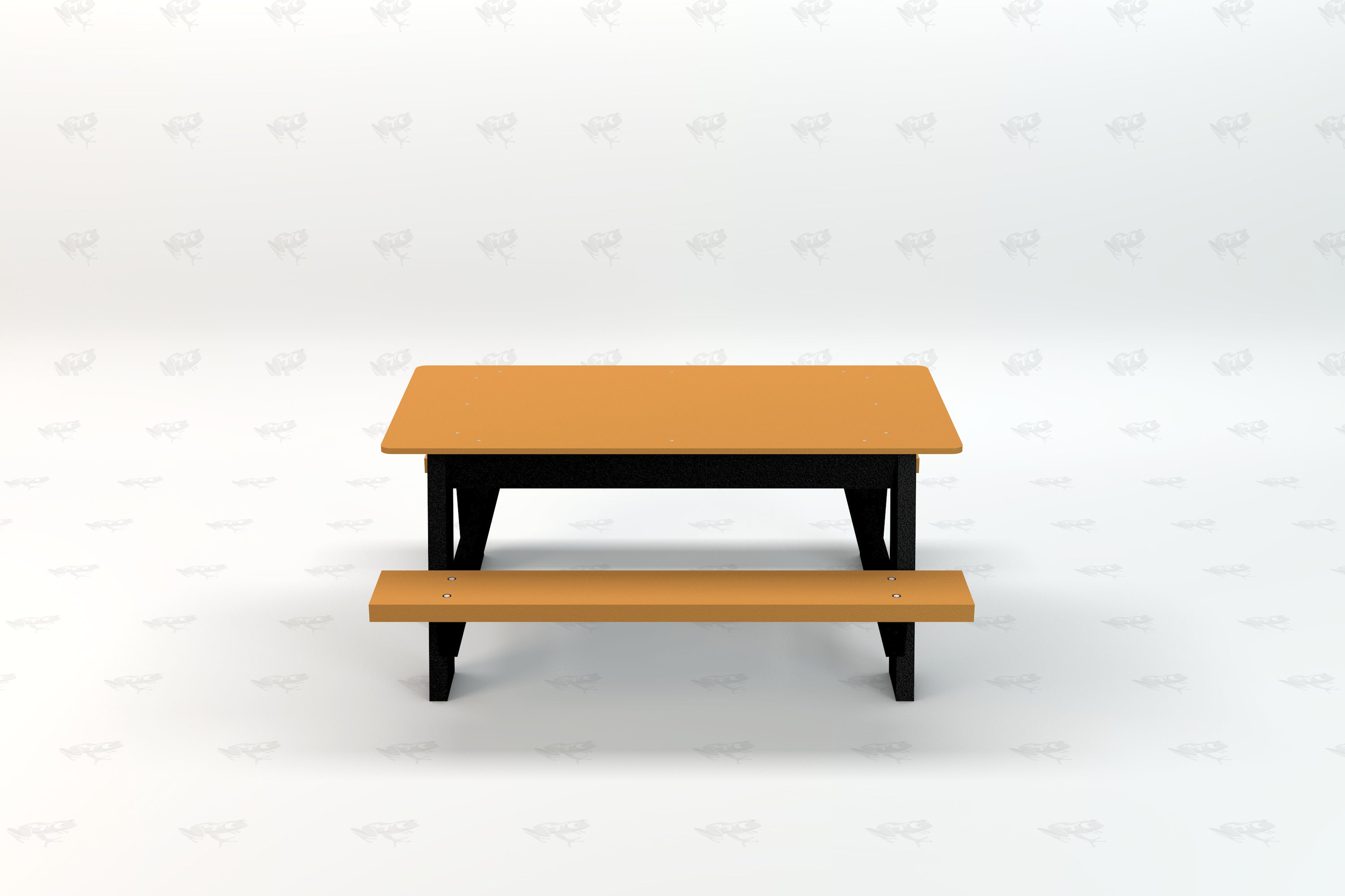 Kids recycled plastic picnic table with bright orange tabletop and bench, sturdy black legs, designed for outdoor use.