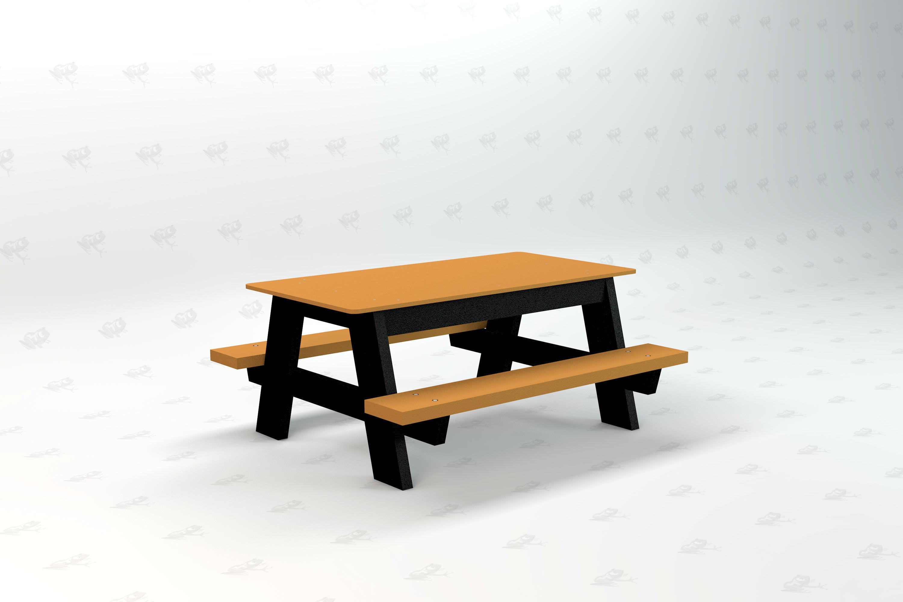 Small recycled plastic picnic table with orange top and seats, black legs, designed for children’s outdoor use.