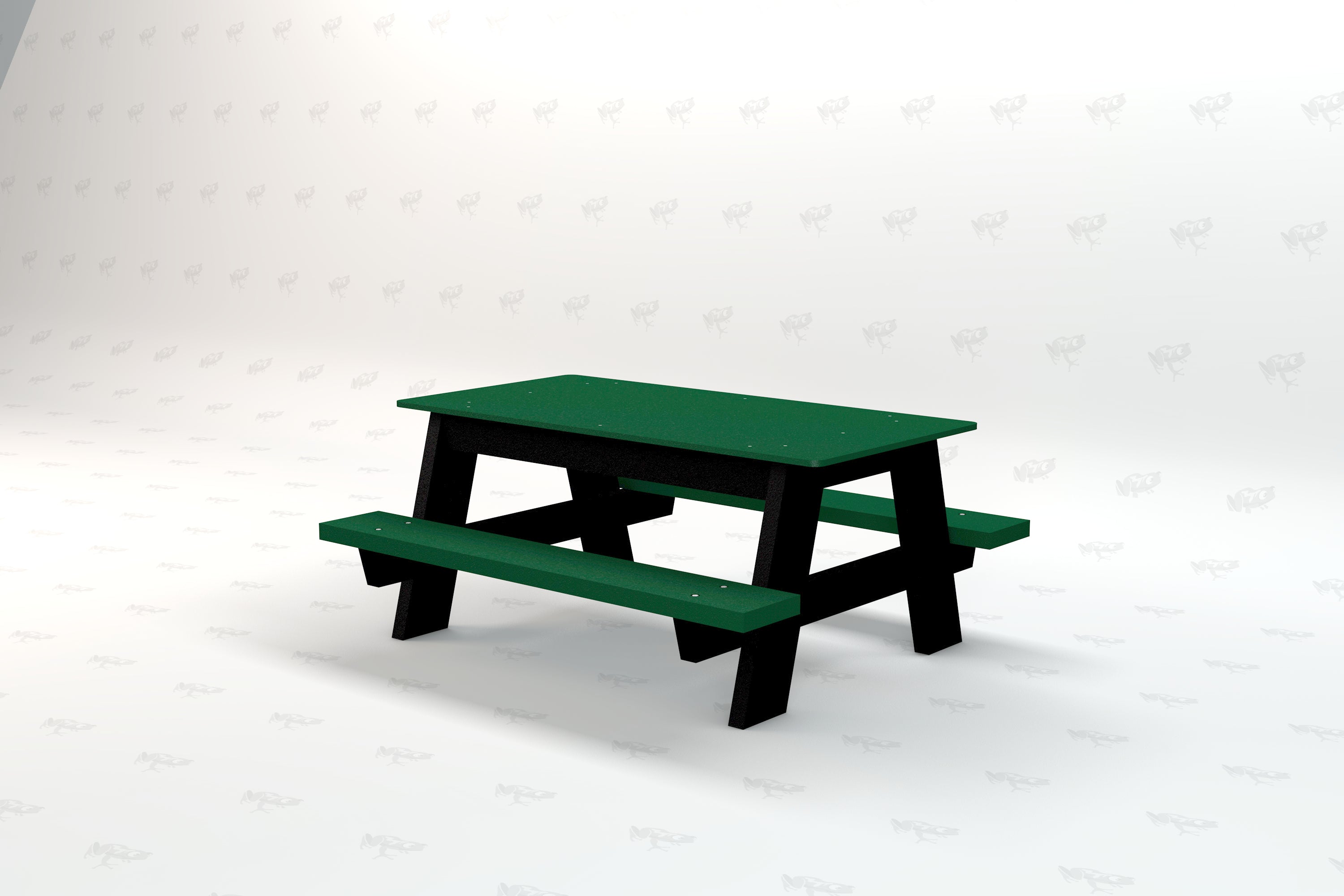 Green recycled plastic kids picnic table with attached benches and sturdy black metal frame
