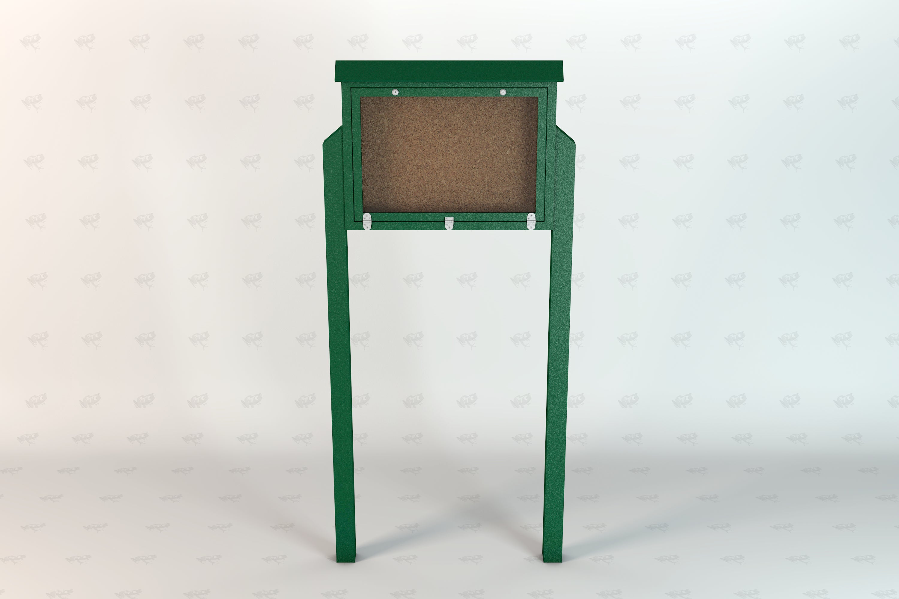 Green outdoor message center with clear polycarbonate door, cork bulletin board, hinged lockable design, mounted on two legs