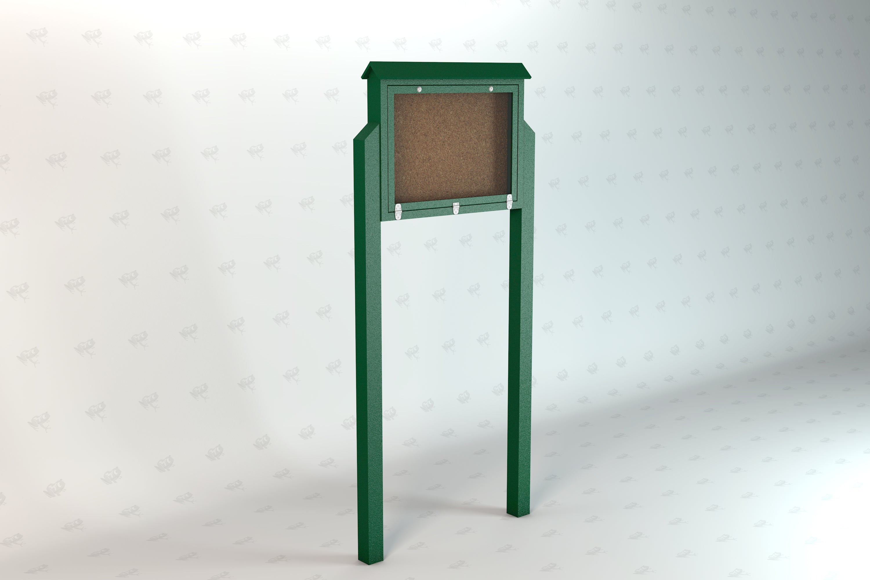 Green recycled plastic outdoor message center with hinged clear polycarbonate door and cork bulletin board, lockable latch, and pre-drilled mounting holes.