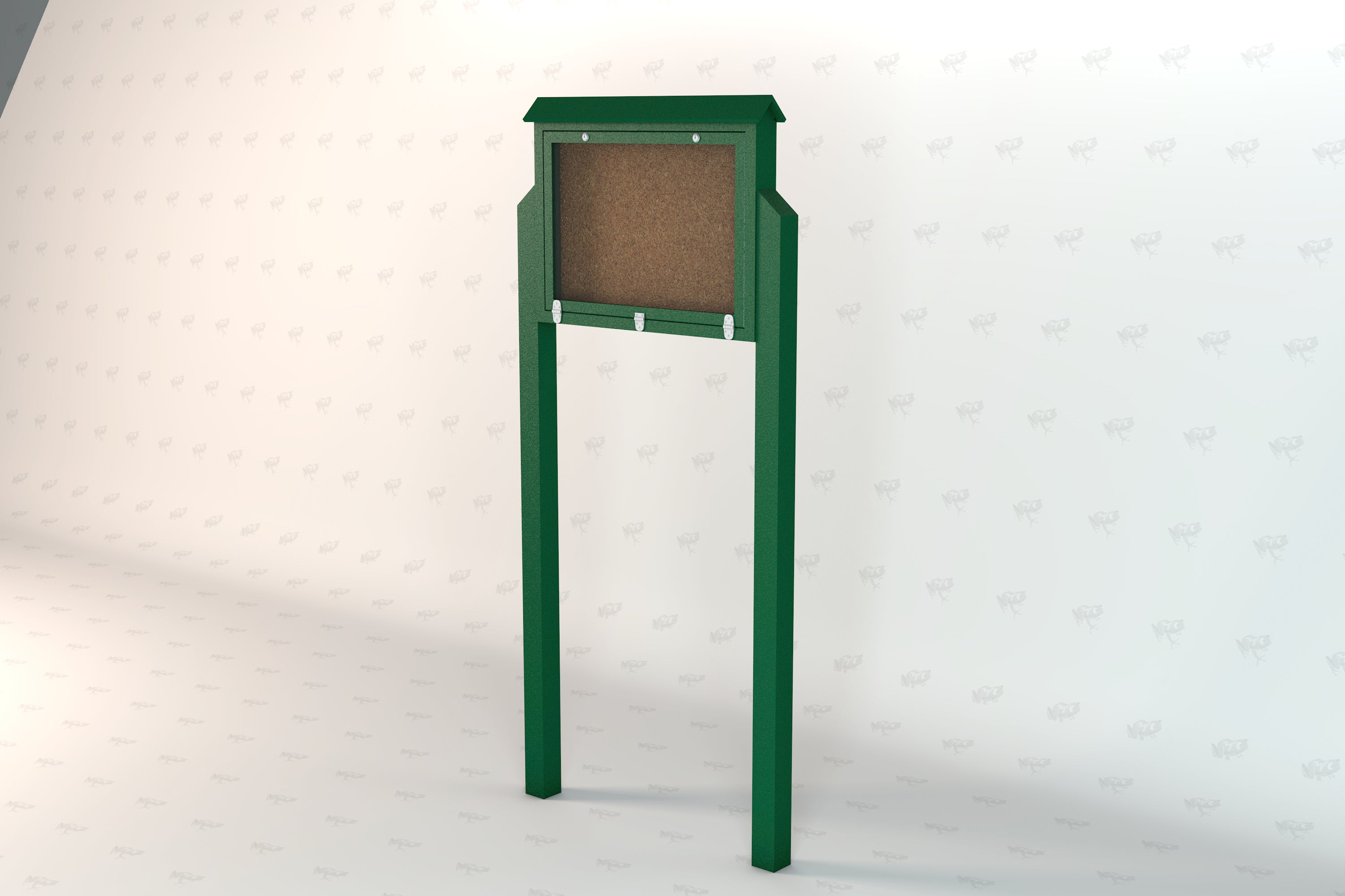 Green outdoor message center with hinged polycarbonate door, cork bulletin board, and two supporting posts.