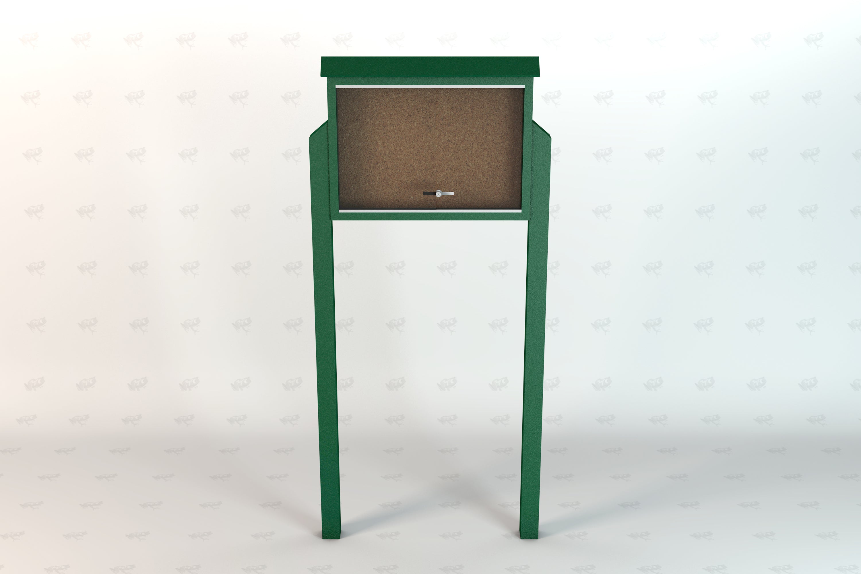 Green recycled plastic outdoor message center with sliding clear acrylic panels and cork bulletin board for community use