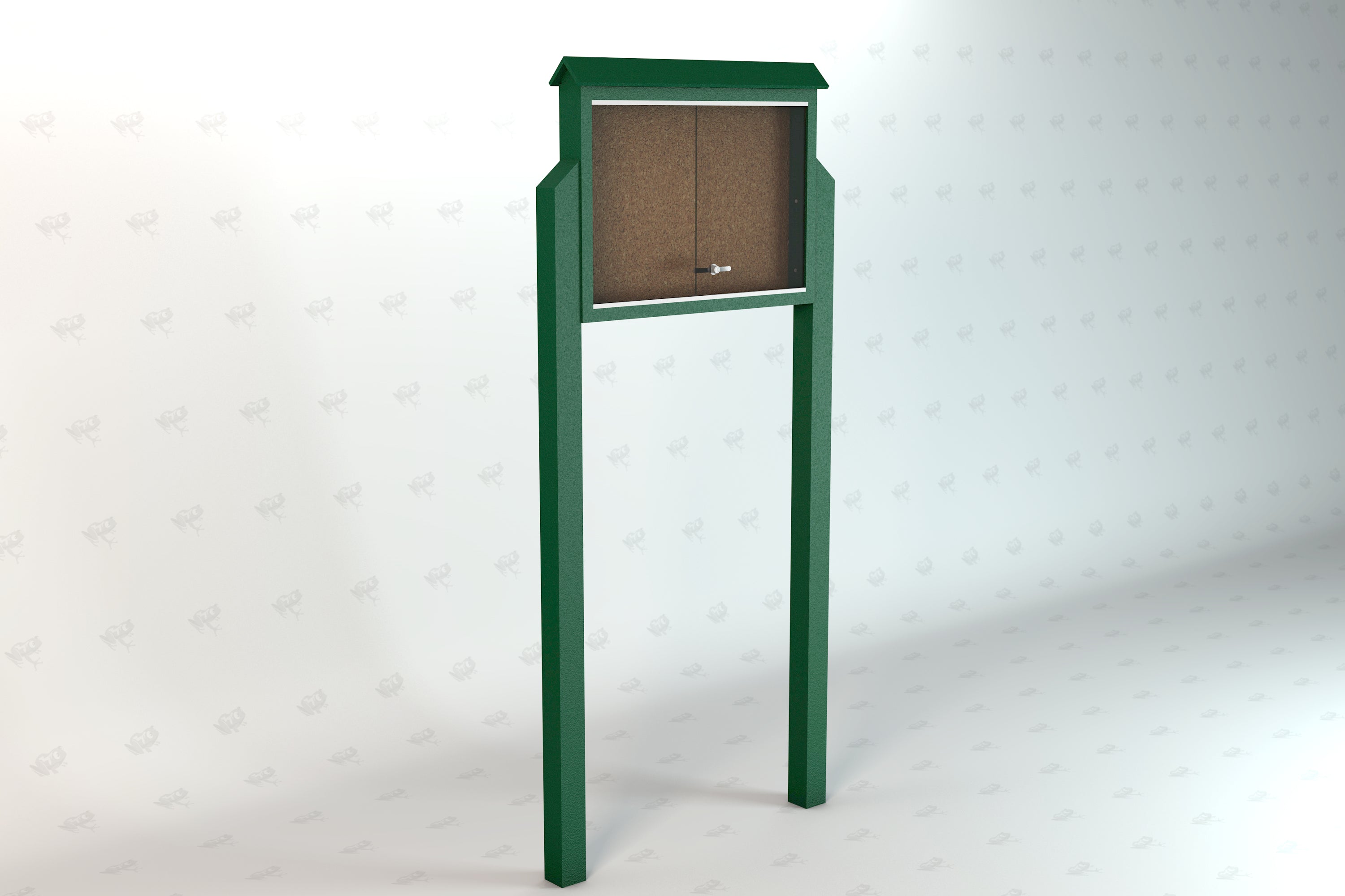 Green recycled plastic outdoor message center with lockable sliding acrylic panels and cork bulletin board for community use