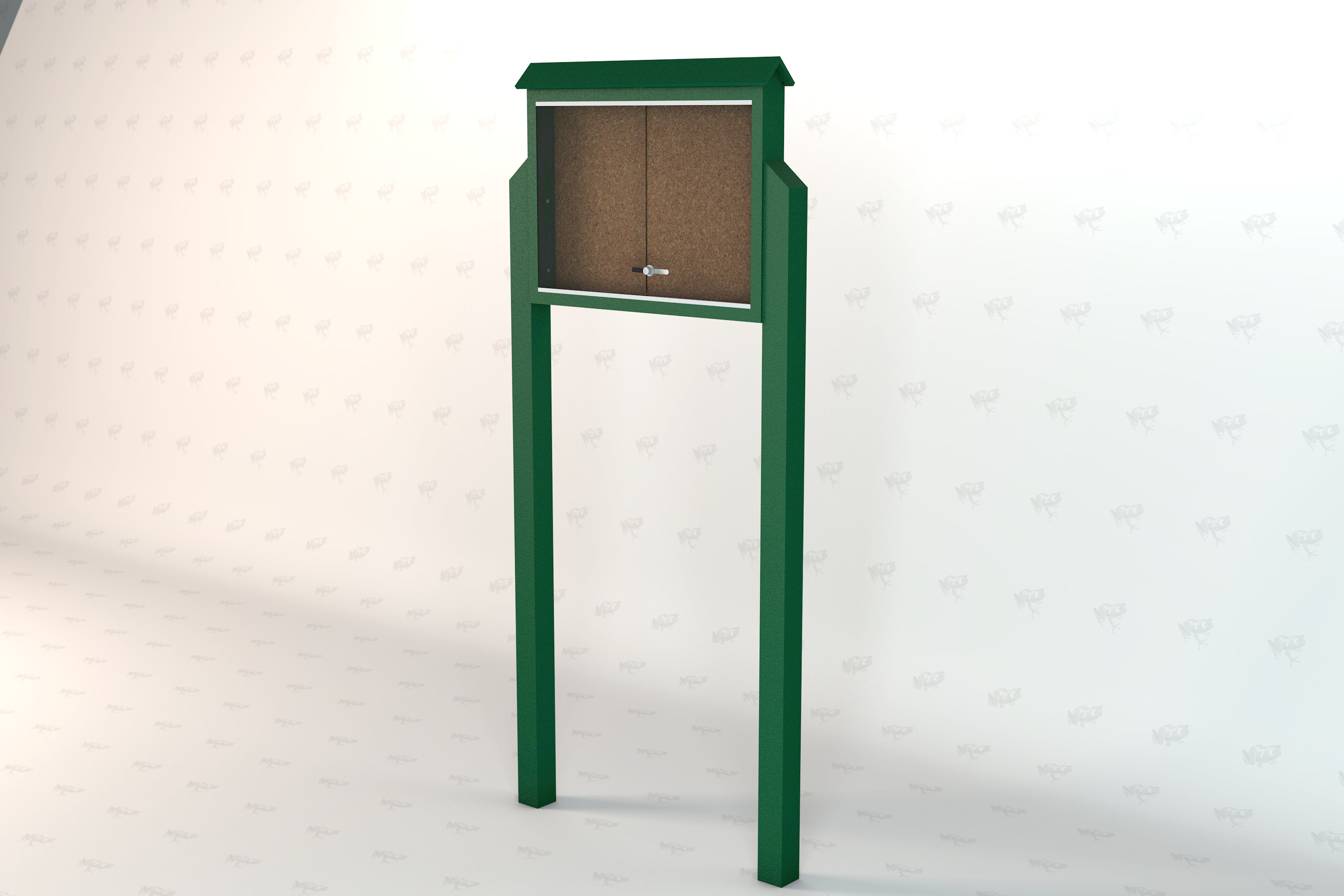 Green recycled plastic outdoor message center with two posts and lockable sliding acrylic doors for secure display.