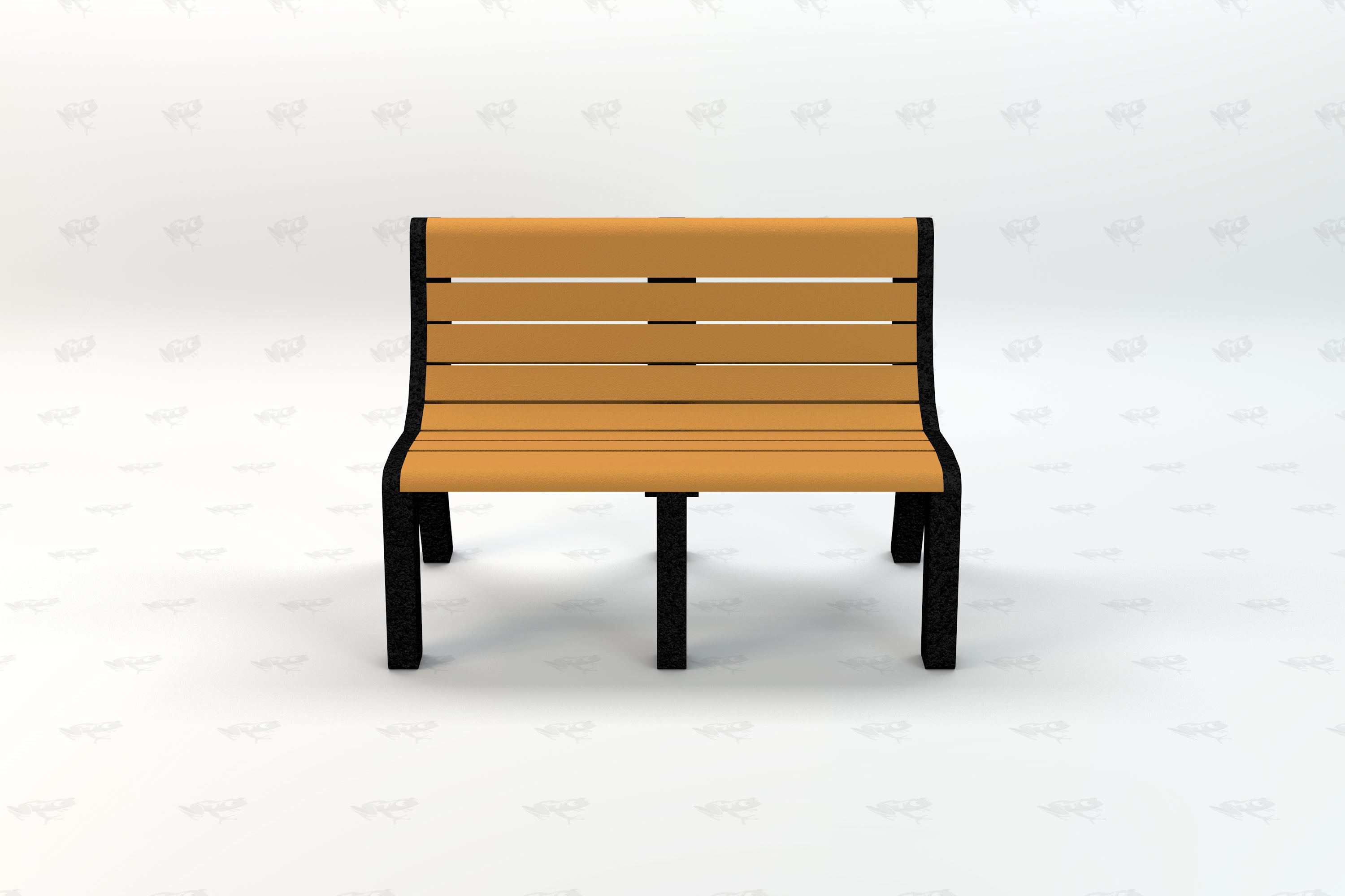 Cedar-colored recycled plastic park bench with black metal legs and slatted backrest, front view.