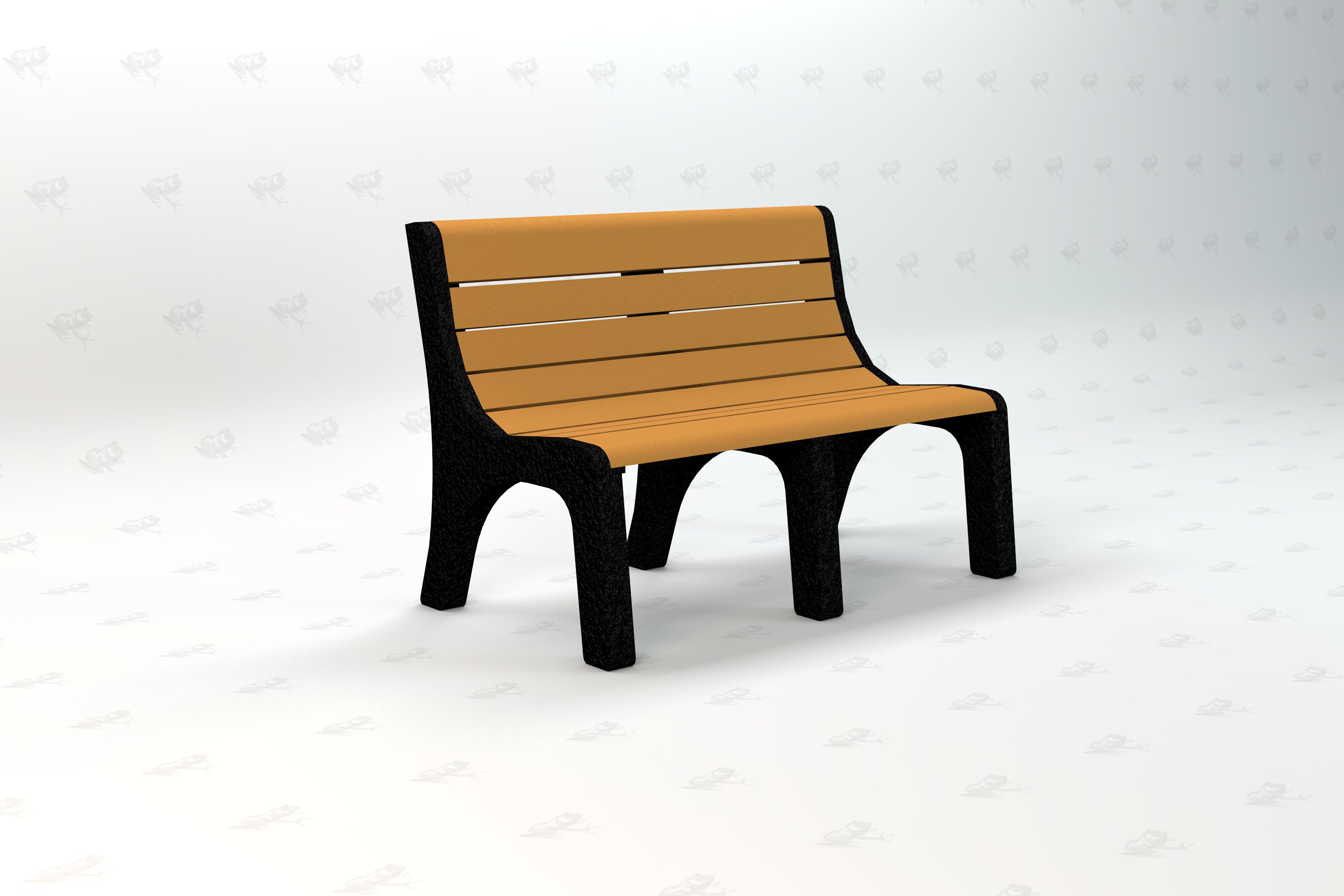 Recycled plastic park bench with black metal frame and brown slatted seat and backrest, angled view