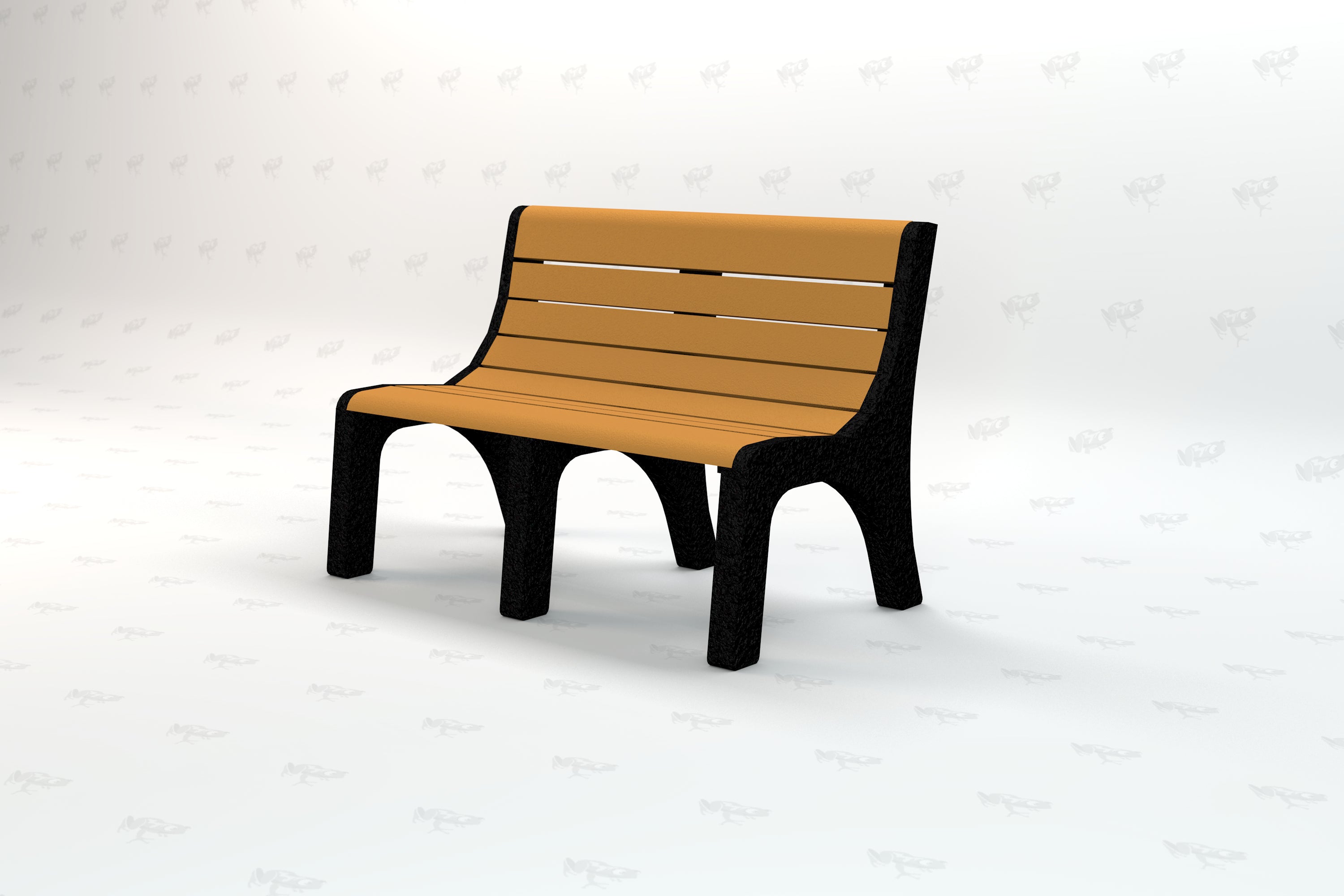 Recycled plastic park bench with black metal legs and brown slatted seat and backrest, angled view