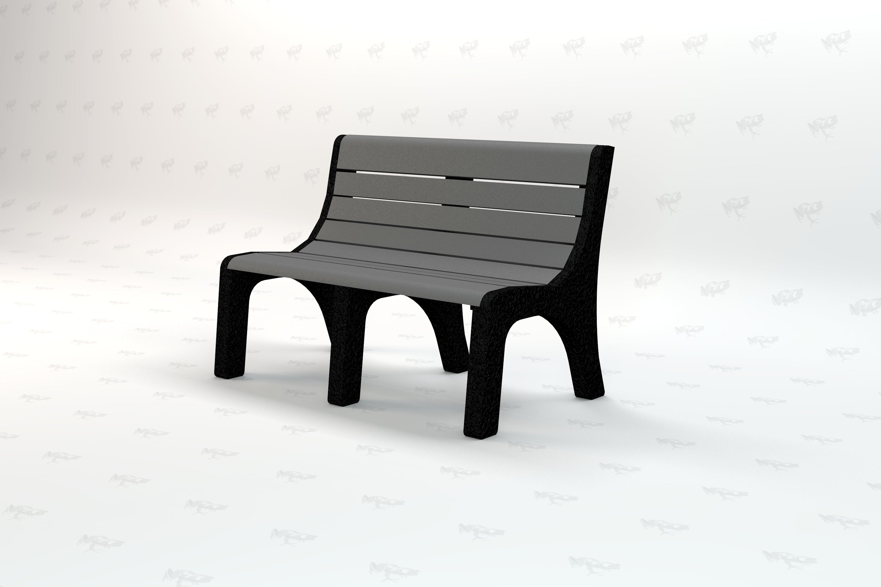Gray recycled plastic park bench with black textured legs and slatted backrest, angled view