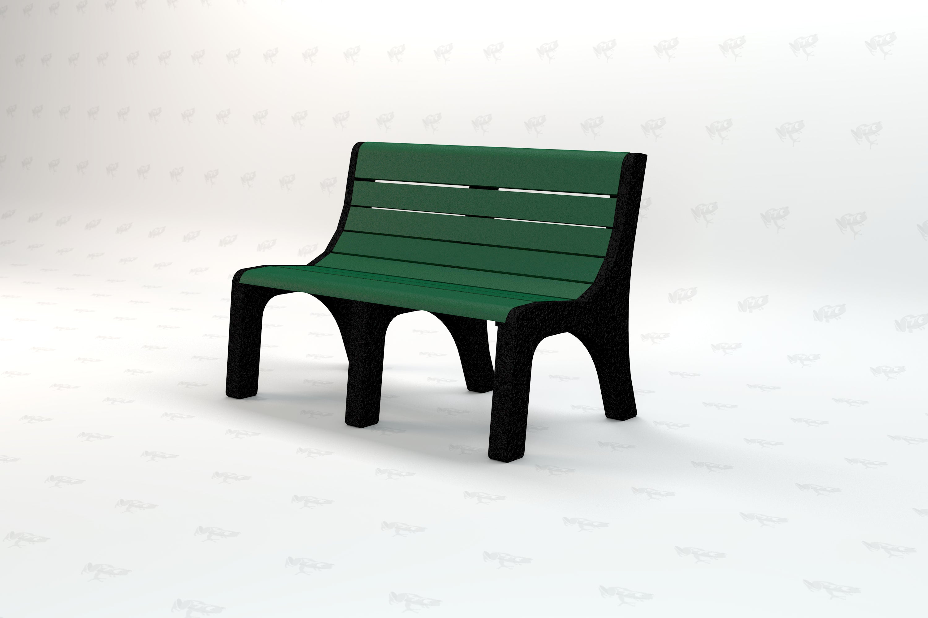 Green recycled plastic park bench with black textured legs and slatted backrest, angled view