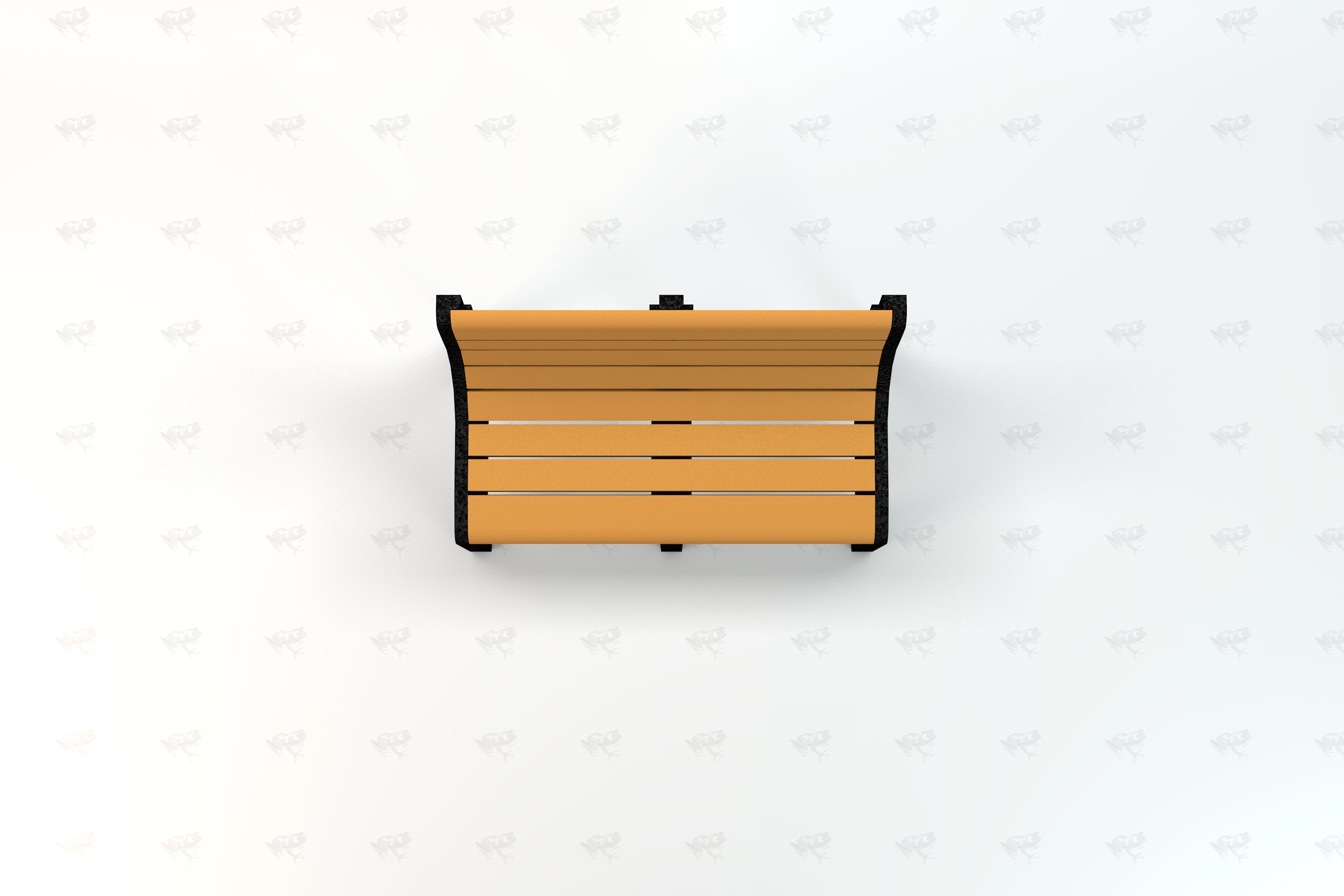 Overhead view of a curved-back recycled plastic park bench with black metal frame, eco-friendly outdoor seating