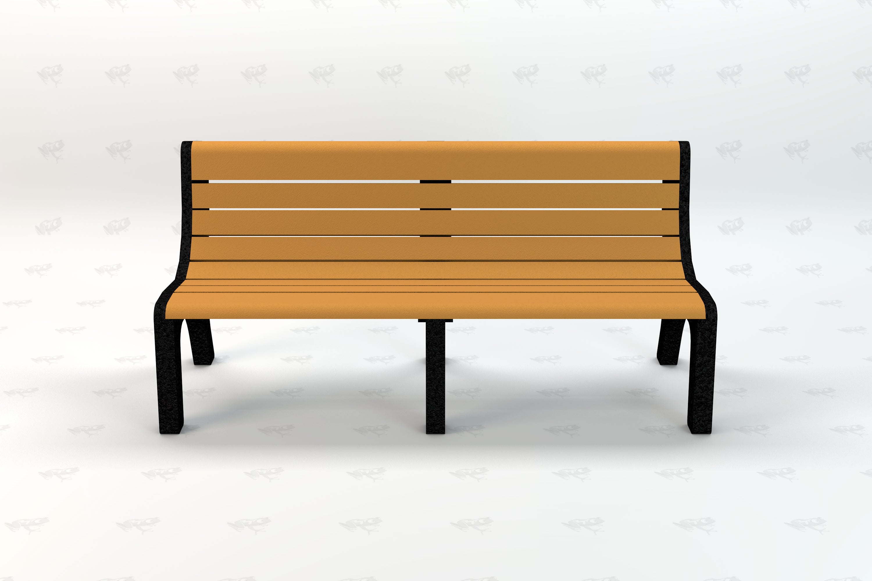 Recycled plastic park bench with tan slats and black metal legs, durable and eco-friendly outdoor seating