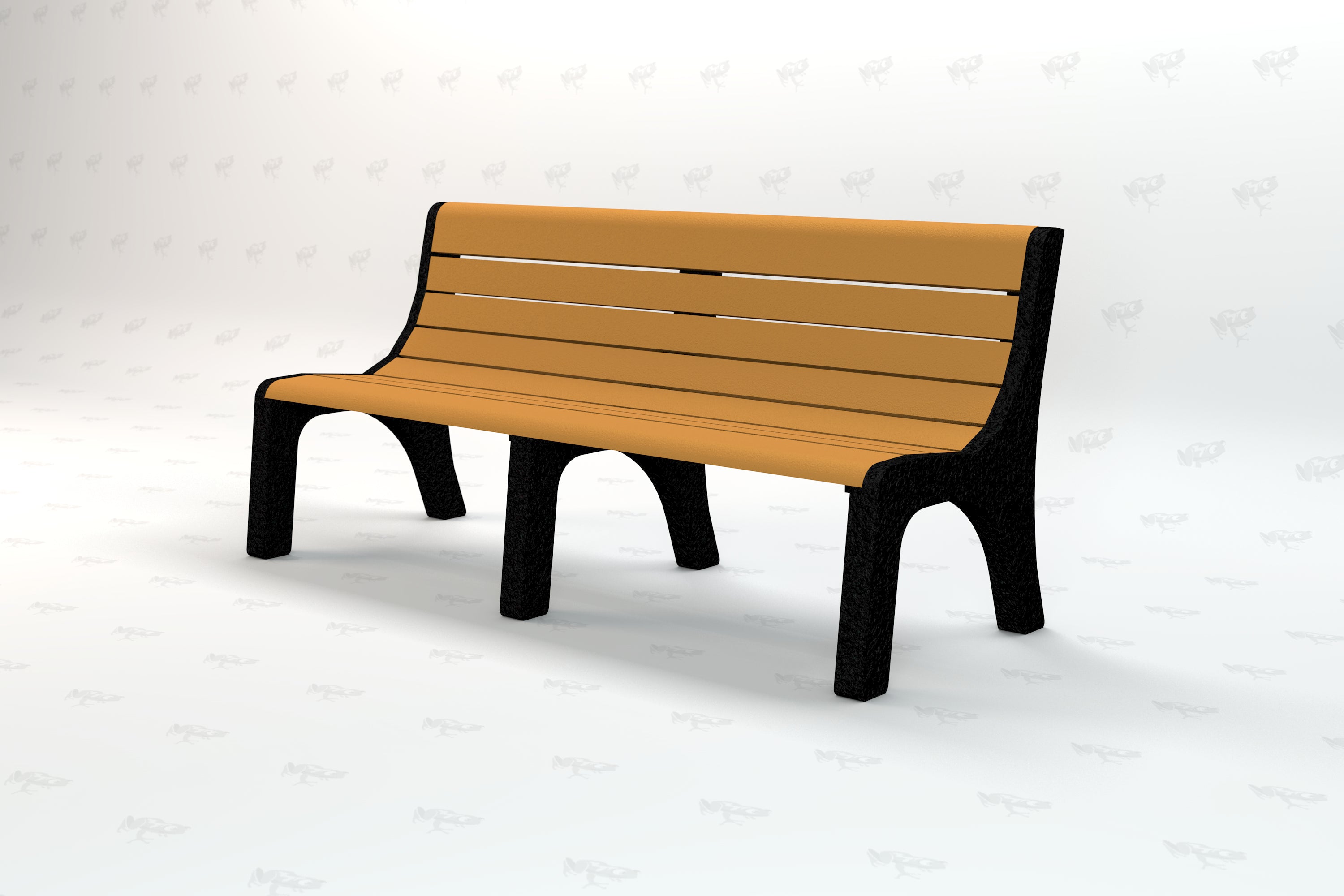 Outdoor park bench with tan recycled plastic slats and black textured metal legs, modern durable design