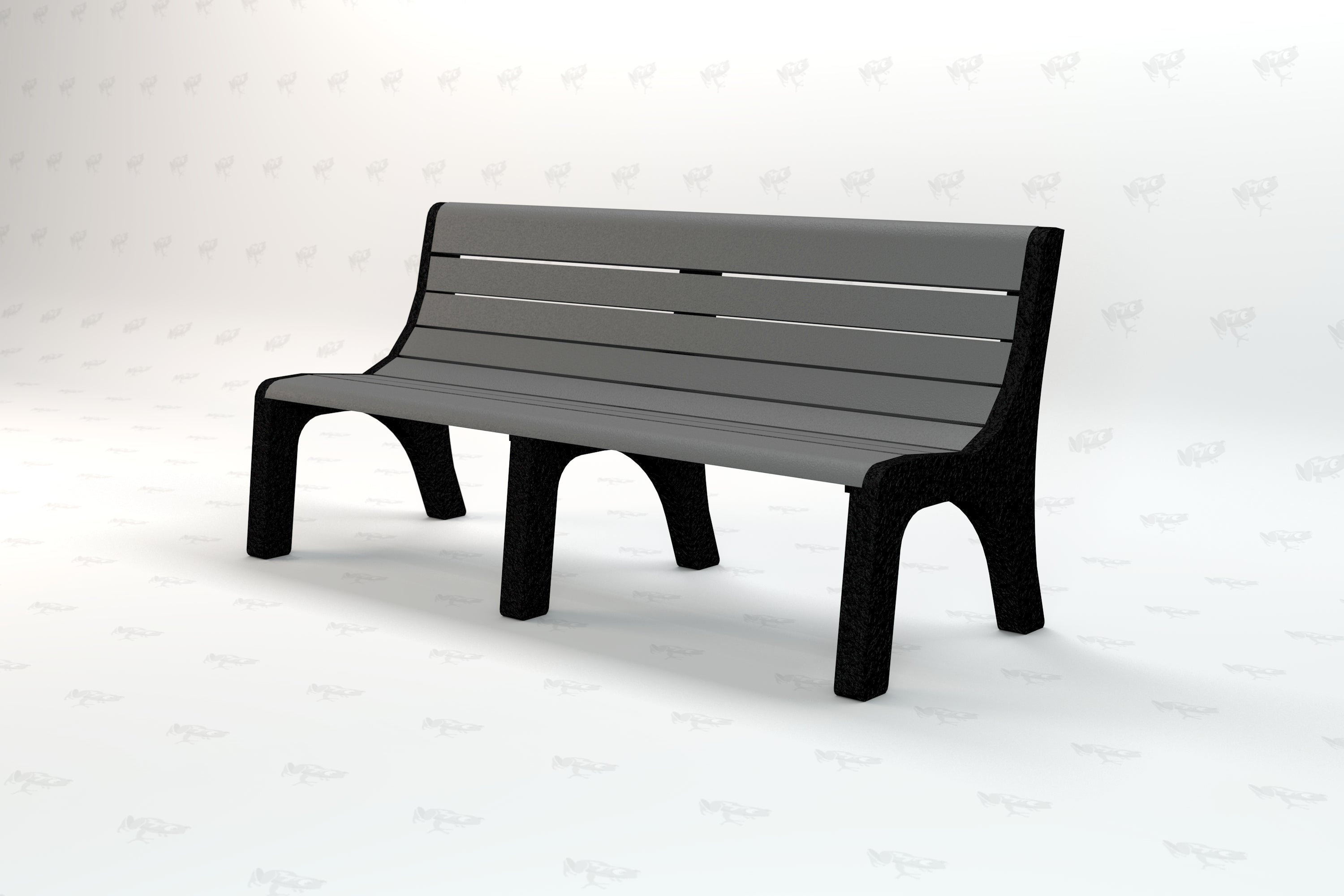 Gray recycled plastic park bench with black textured legs and slatted backrest, shown from an angled side view