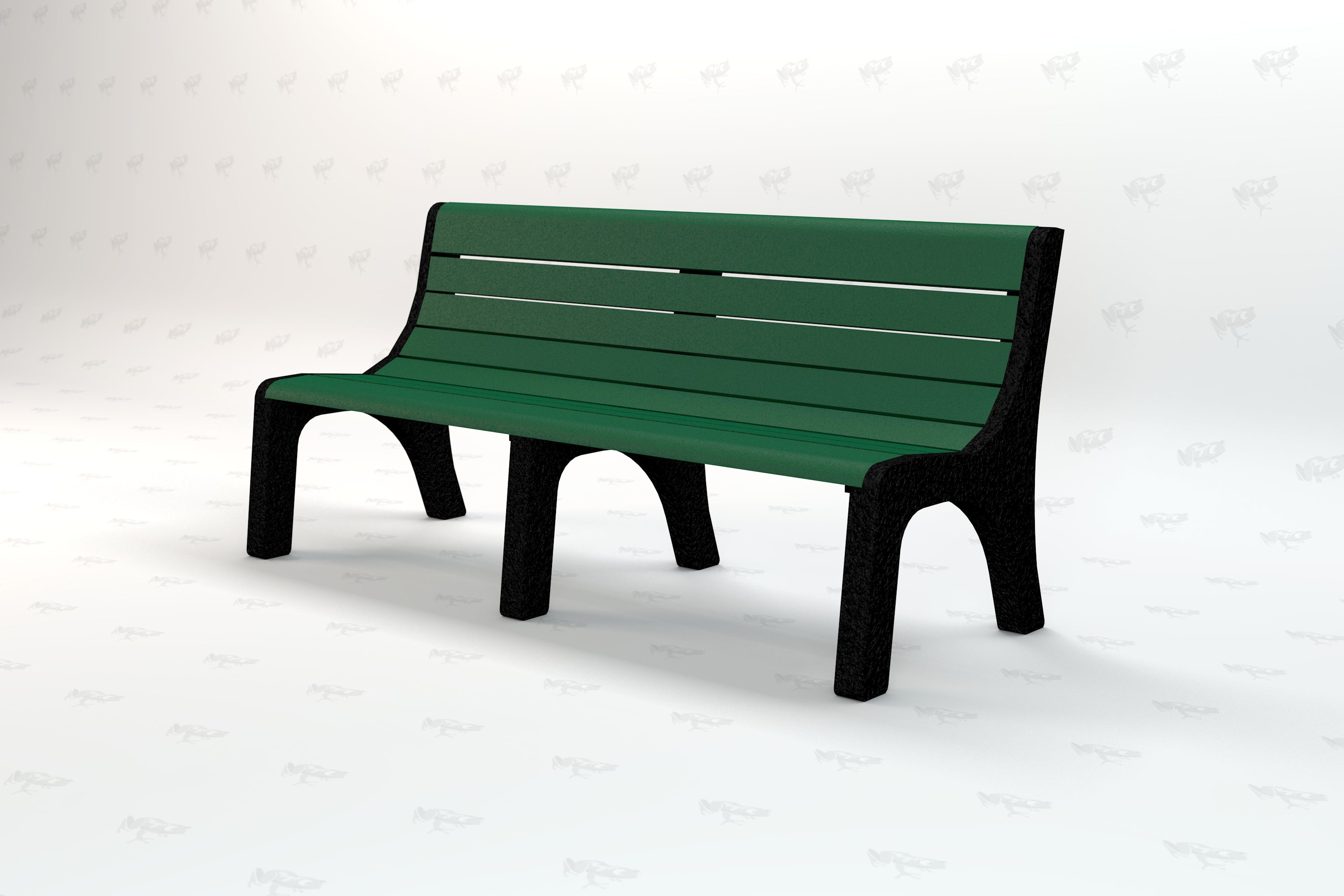 Green recycled plastic park bench with black textured legs and slatted backrest, angled view.