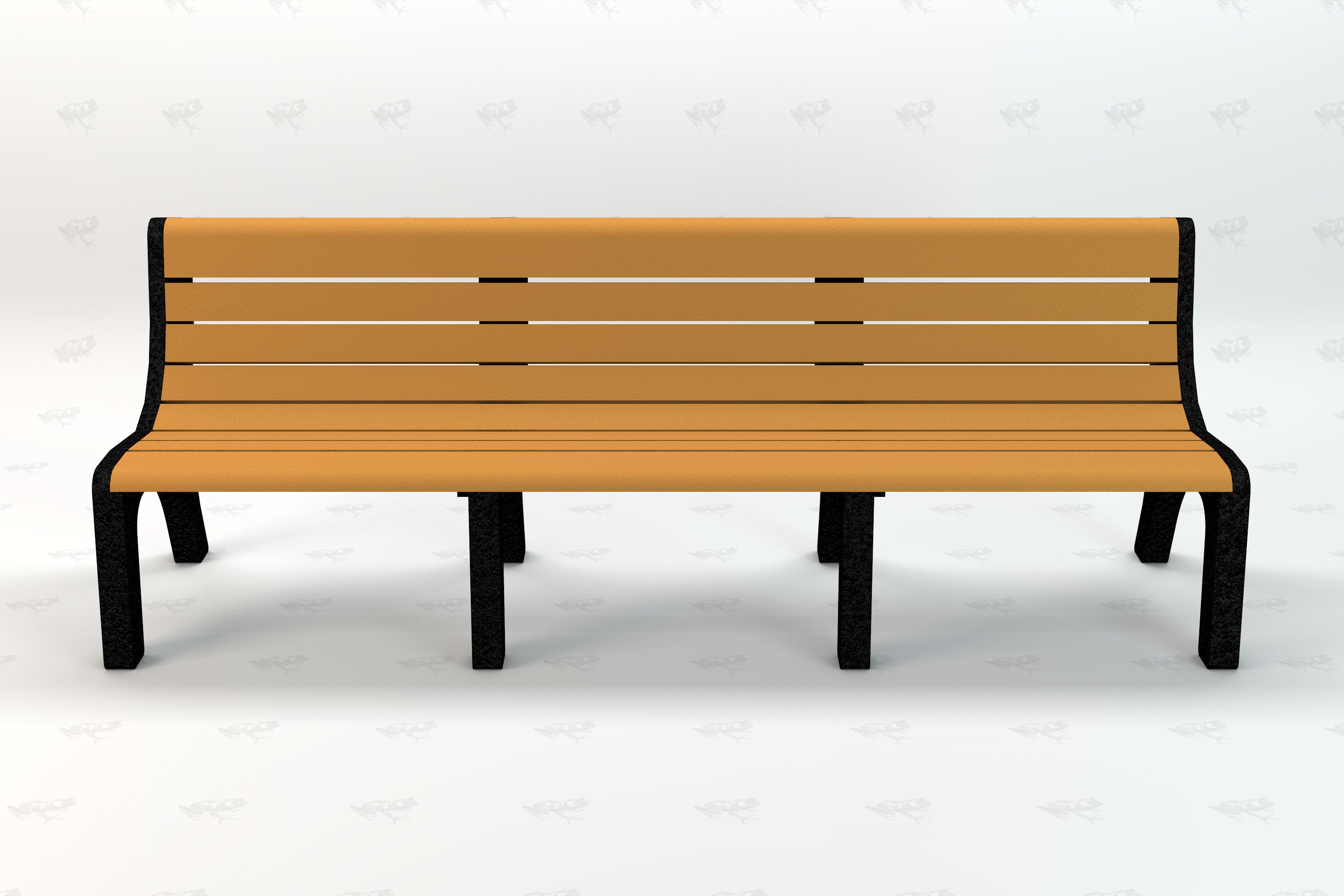 Cedar-colored recycled plastic park bench with black metal legs and slatted backrest, front view.