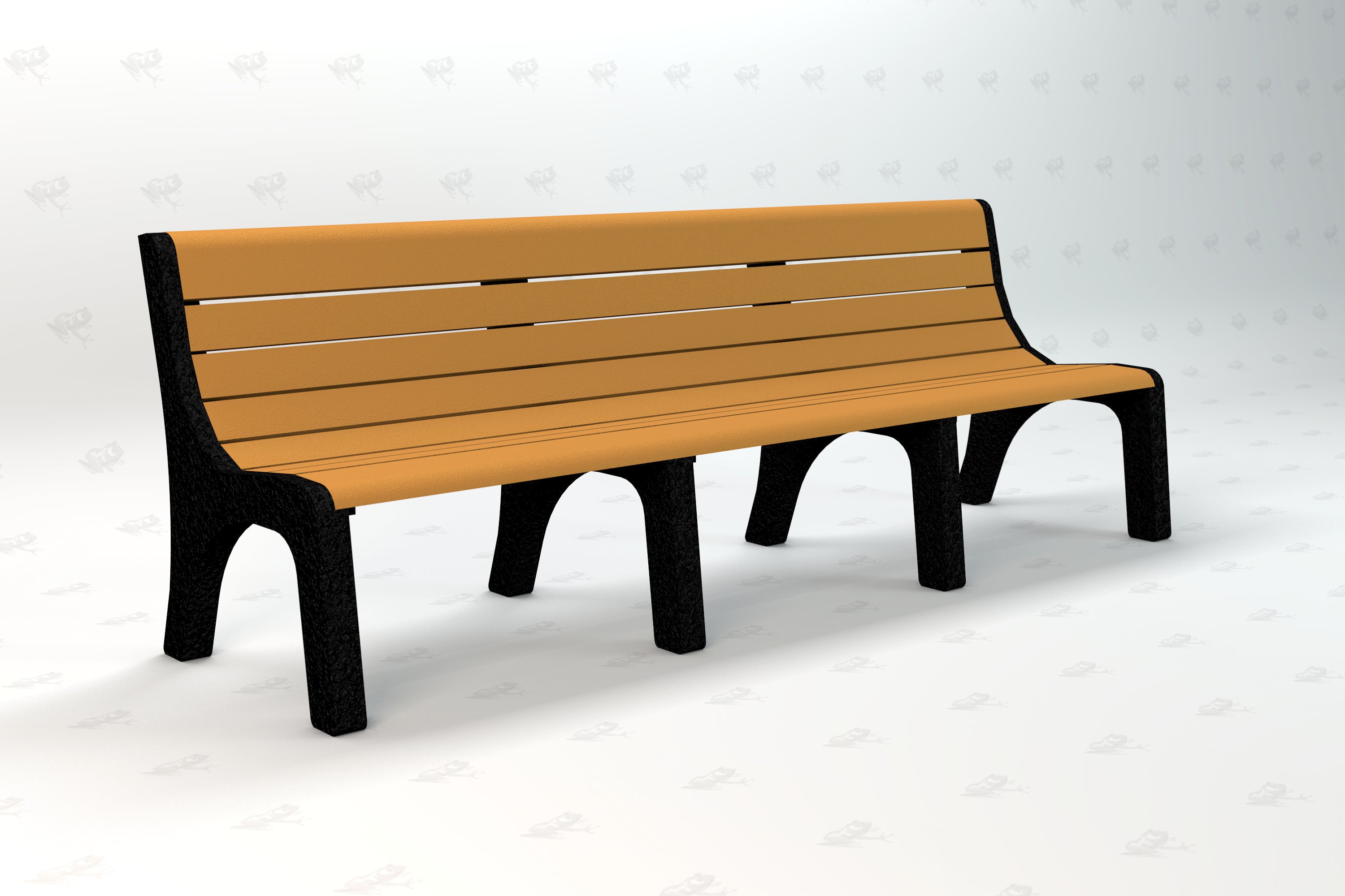 Long outdoor bench with orange recycled plastic slats and black sturdy metal legs, angled view.