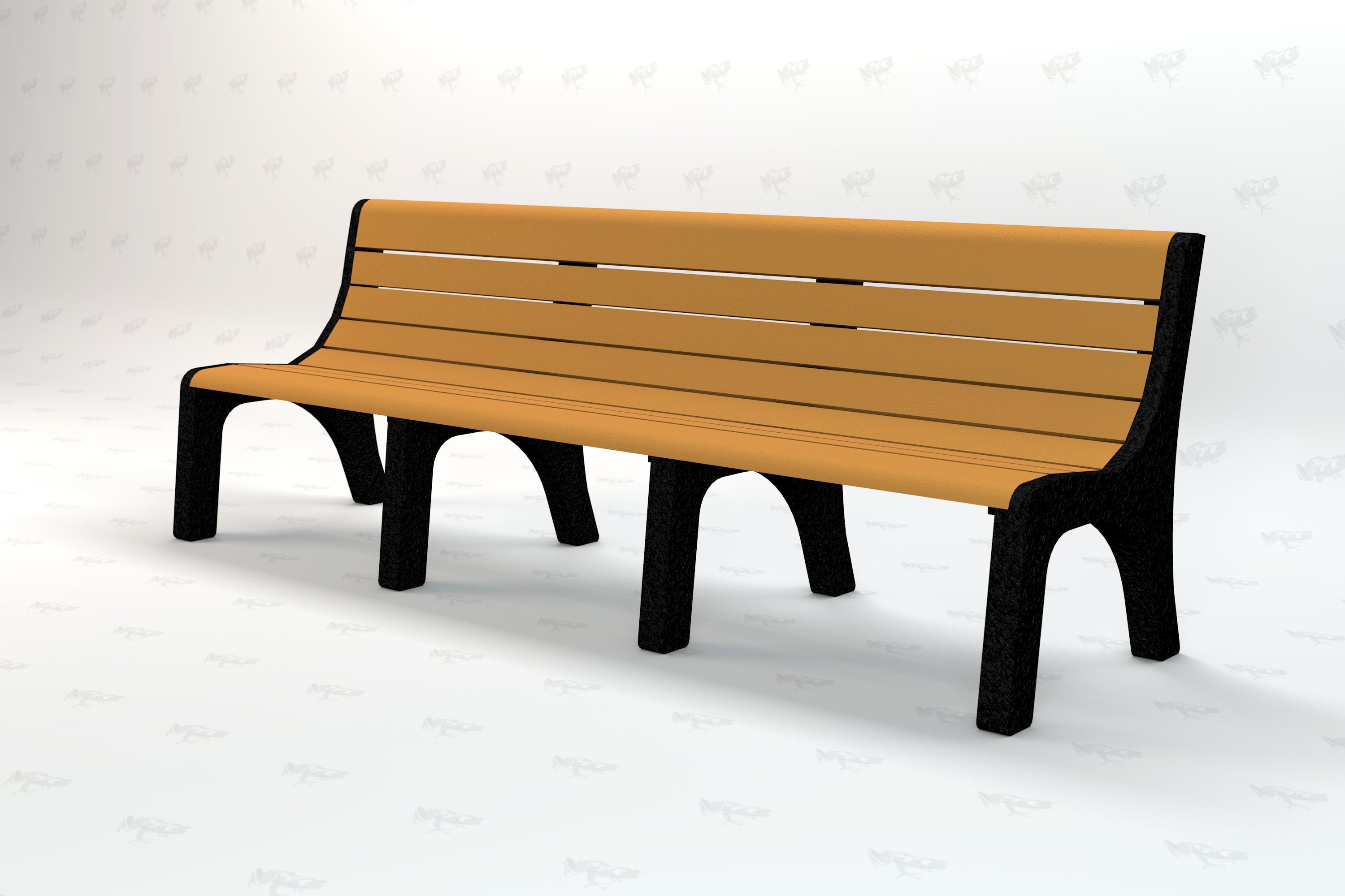 Outdoor recycled plastic bench with tan slats and black supports, durable and eco-friendly seating for parks and gardens