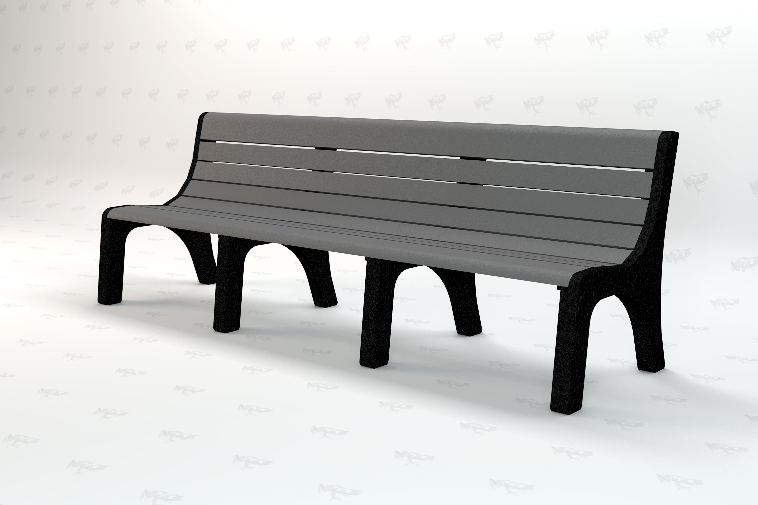 Long gray recycled plastic park bench with slatted backrest and seat, black metal legs, modern outdoor seating design