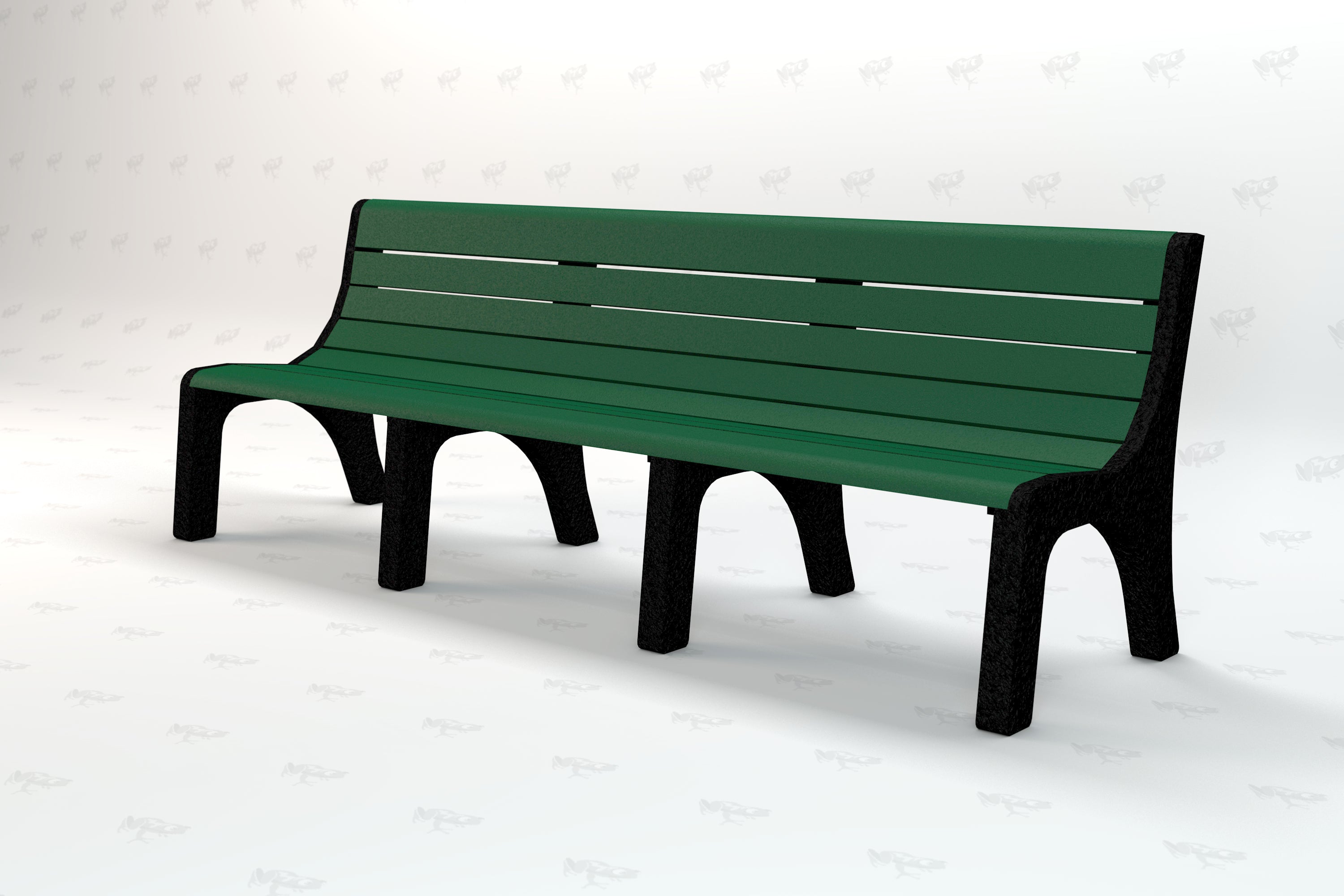 Green recycled plastic outdoor park bench with black metal legs, slatted backrest and seat, eco-friendly design.
