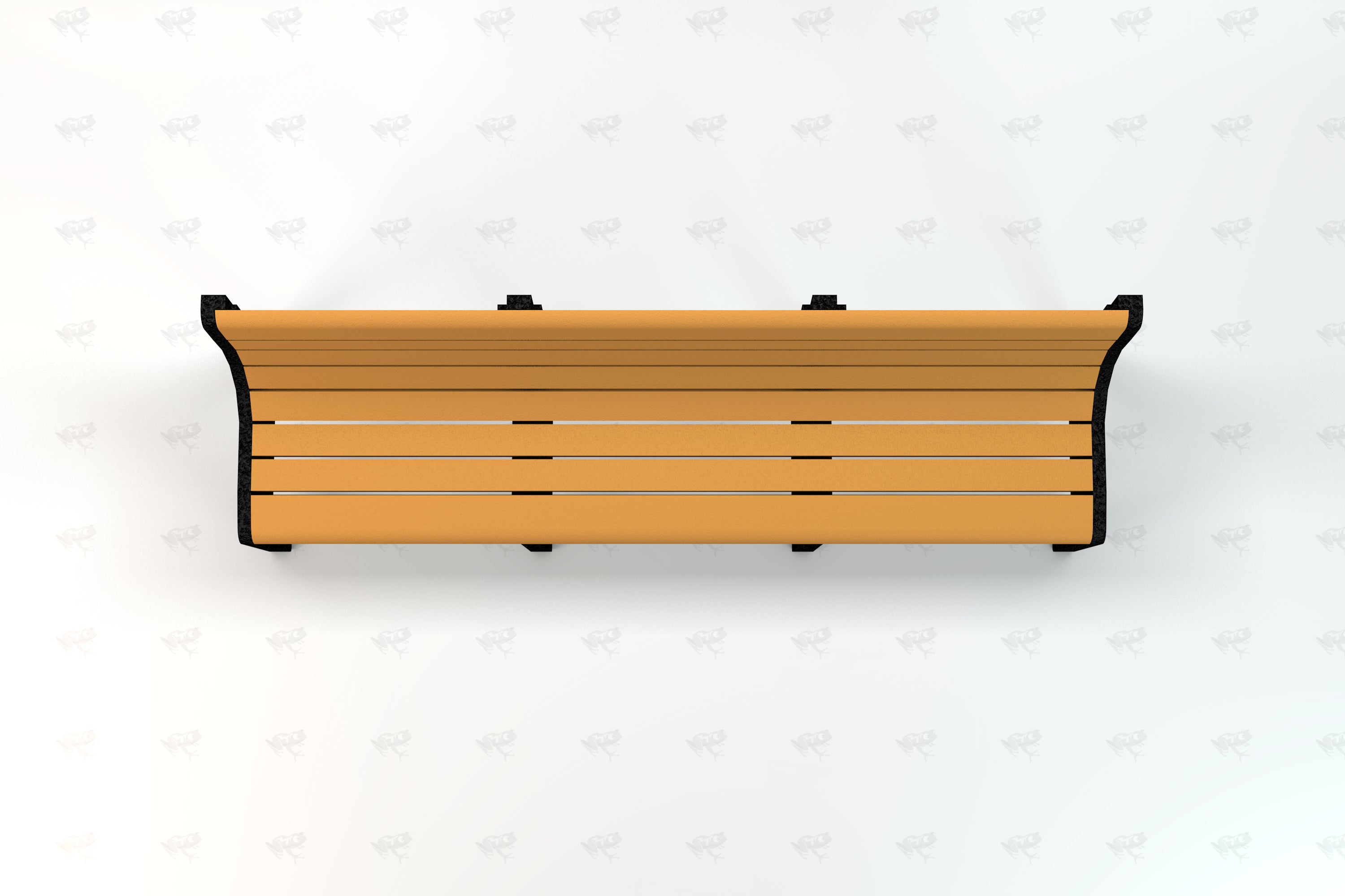 Overhead view of a durable recycled plastic park bench with tan slats and black supports designed for outdoor use