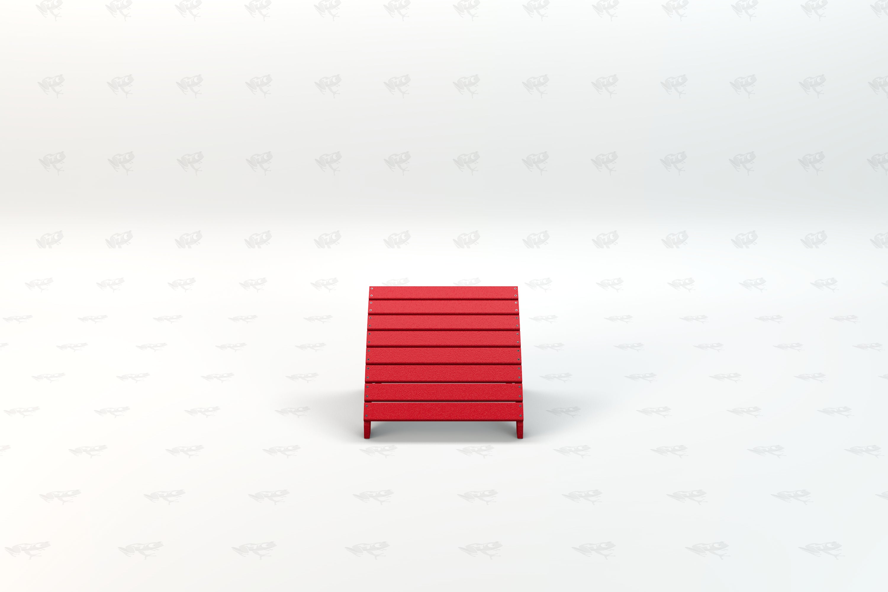 Red recycled plastic Adirondack ottoman with horizontal slats, front view, weather-resistant outdoor furniture accessory