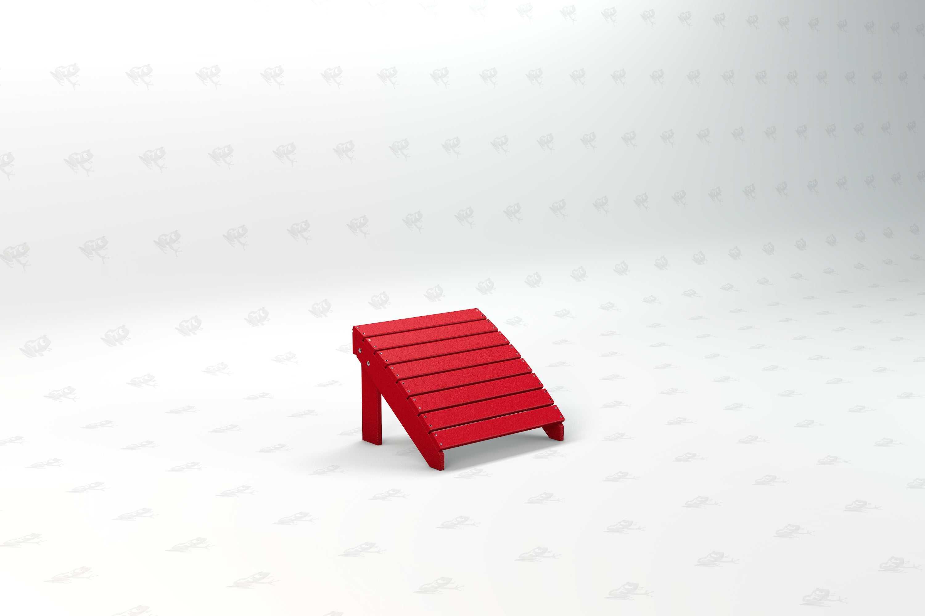 Red recycled plastic Adirondack ottoman with slatted top and angled legs for outdoor use