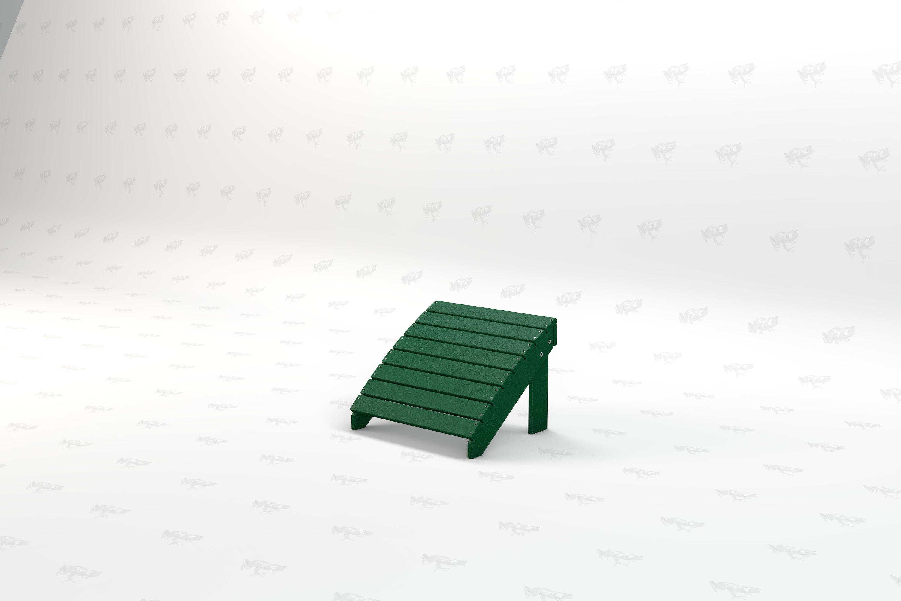 Green recycled plastic outdoor ottoman with slatted top and angled support leg for Adirondack chair seating area