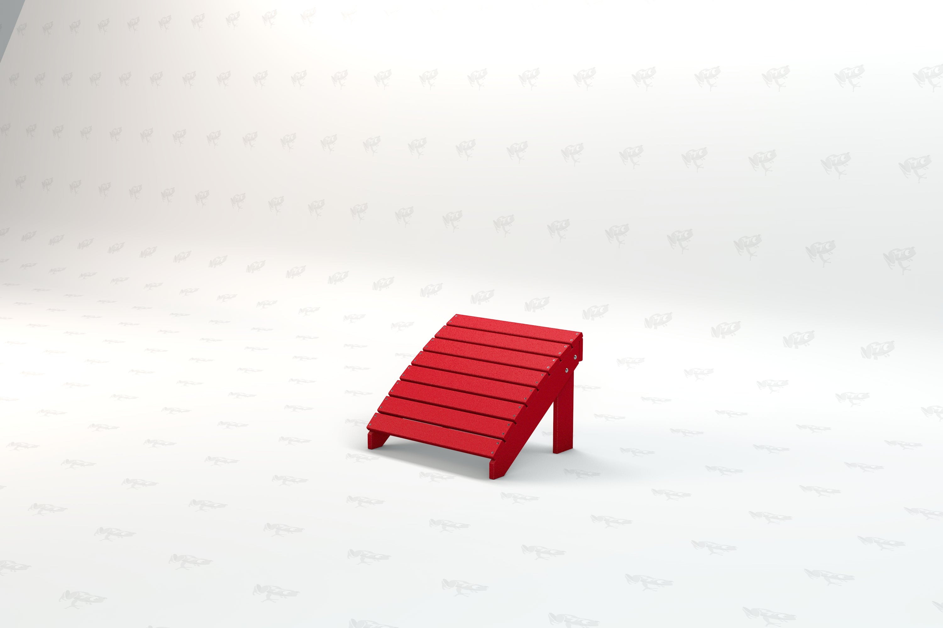 Red recycled plastic Adirondack ottoman with slatted top and angled support leg designed for outdoor use