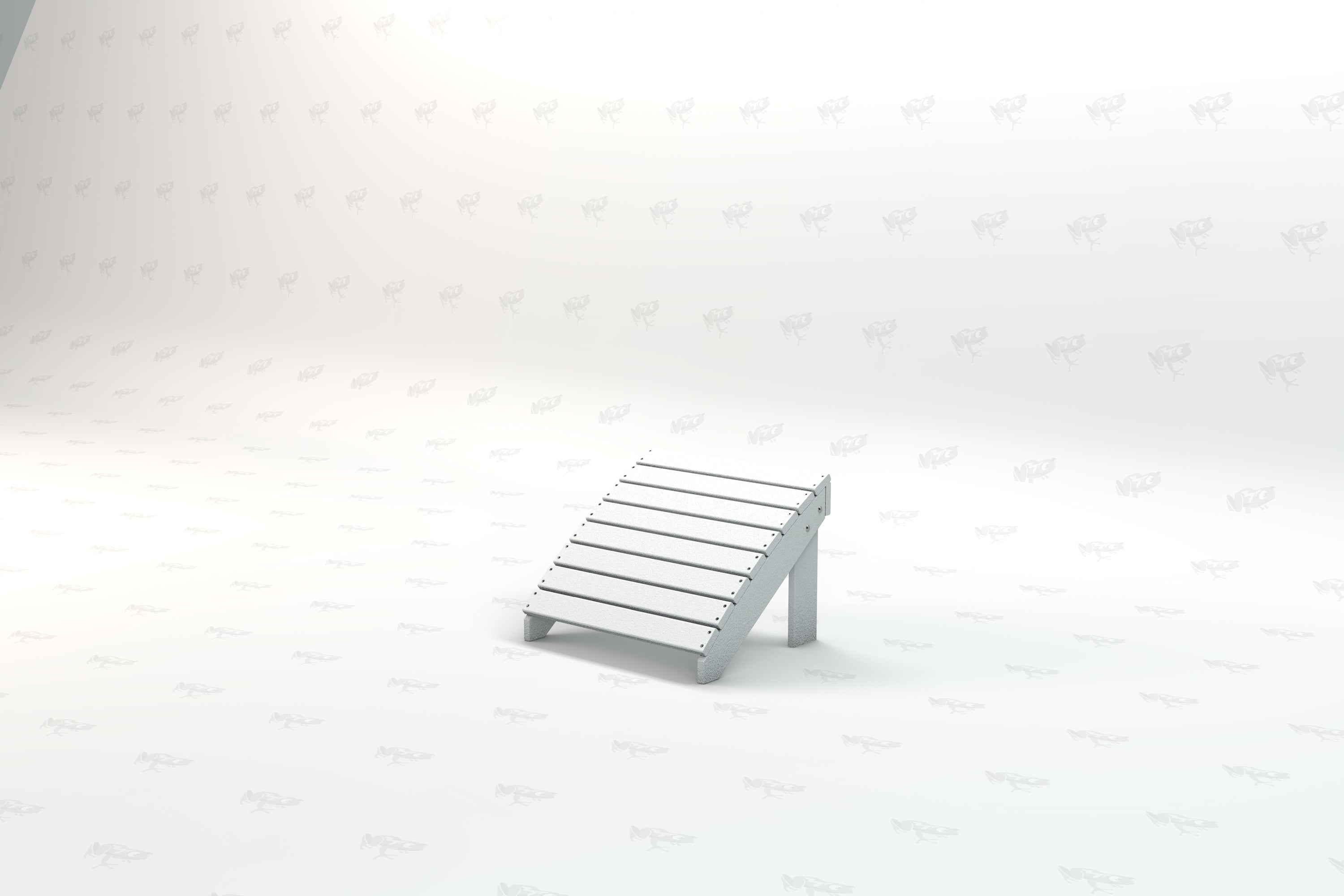 White recycled plastic Adirondack ottoman with slatted top and angled legs, designed for outdoor use and relaxation.