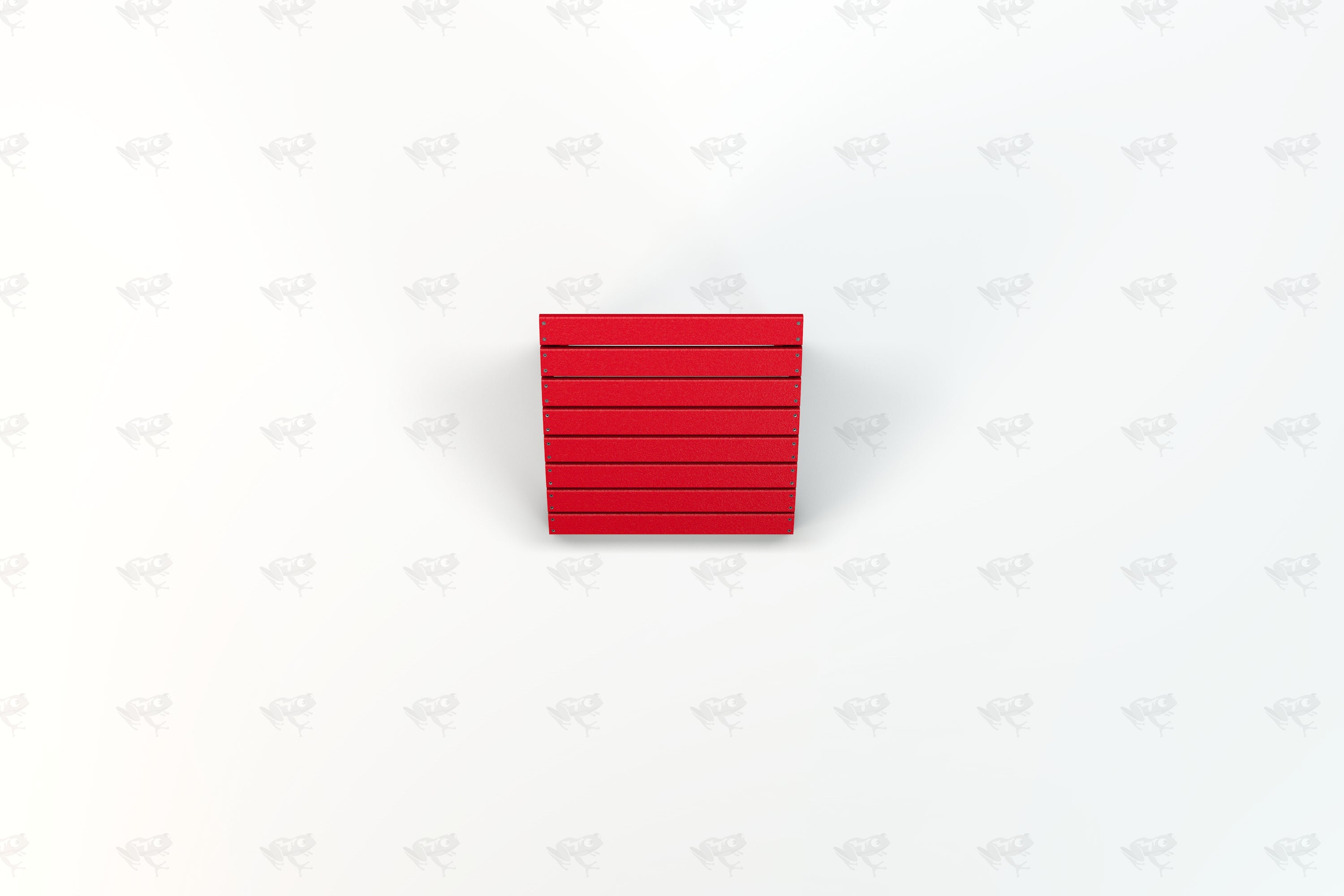Overhead view of red recycled plastic outdoor ottoman with horizontal slats and visible screws, eco-friendly and weather-resistant design