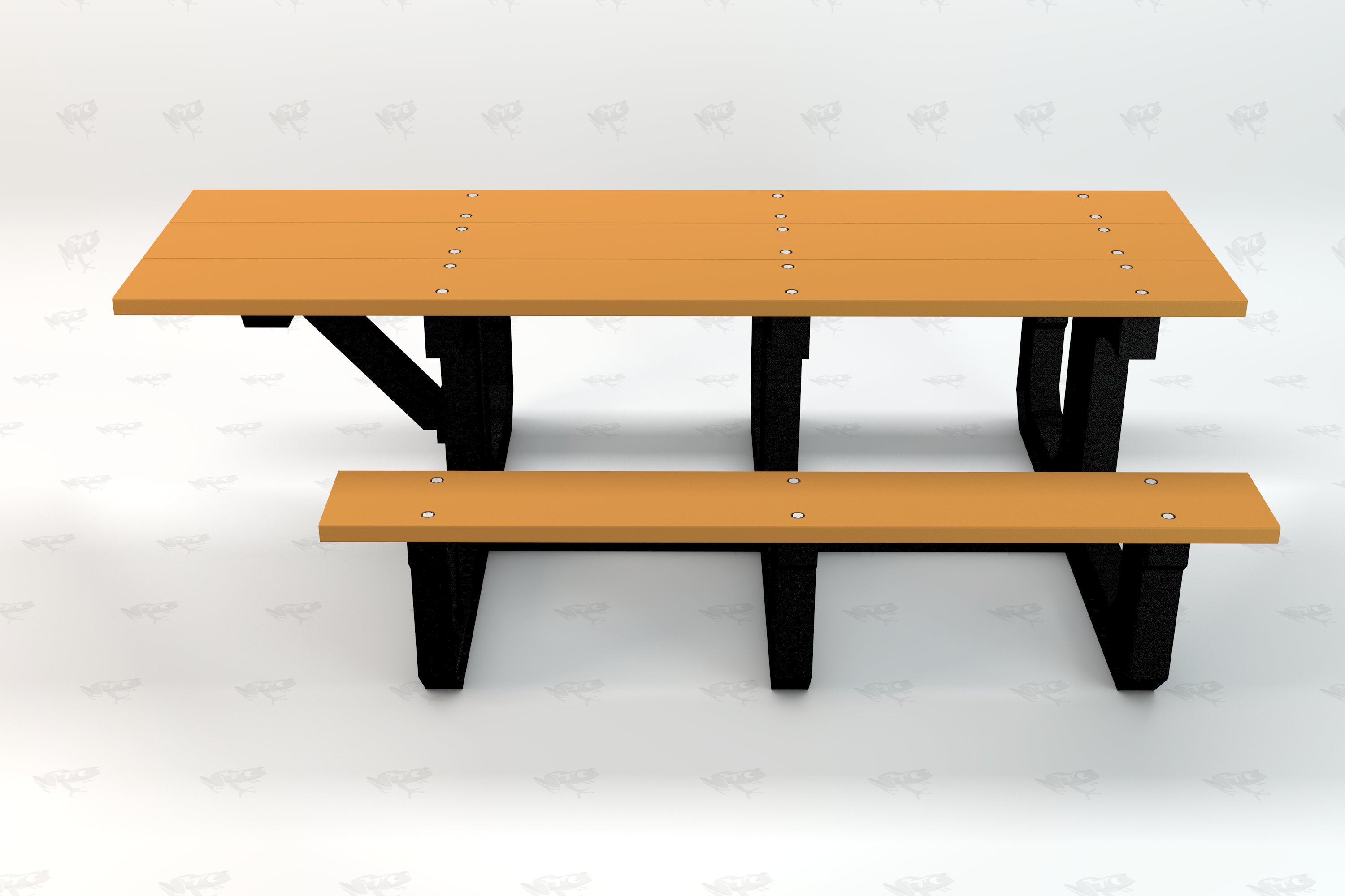 Recycled plastic picnic table with tan slats and black supports, featuring attached bench seating for outdoor use