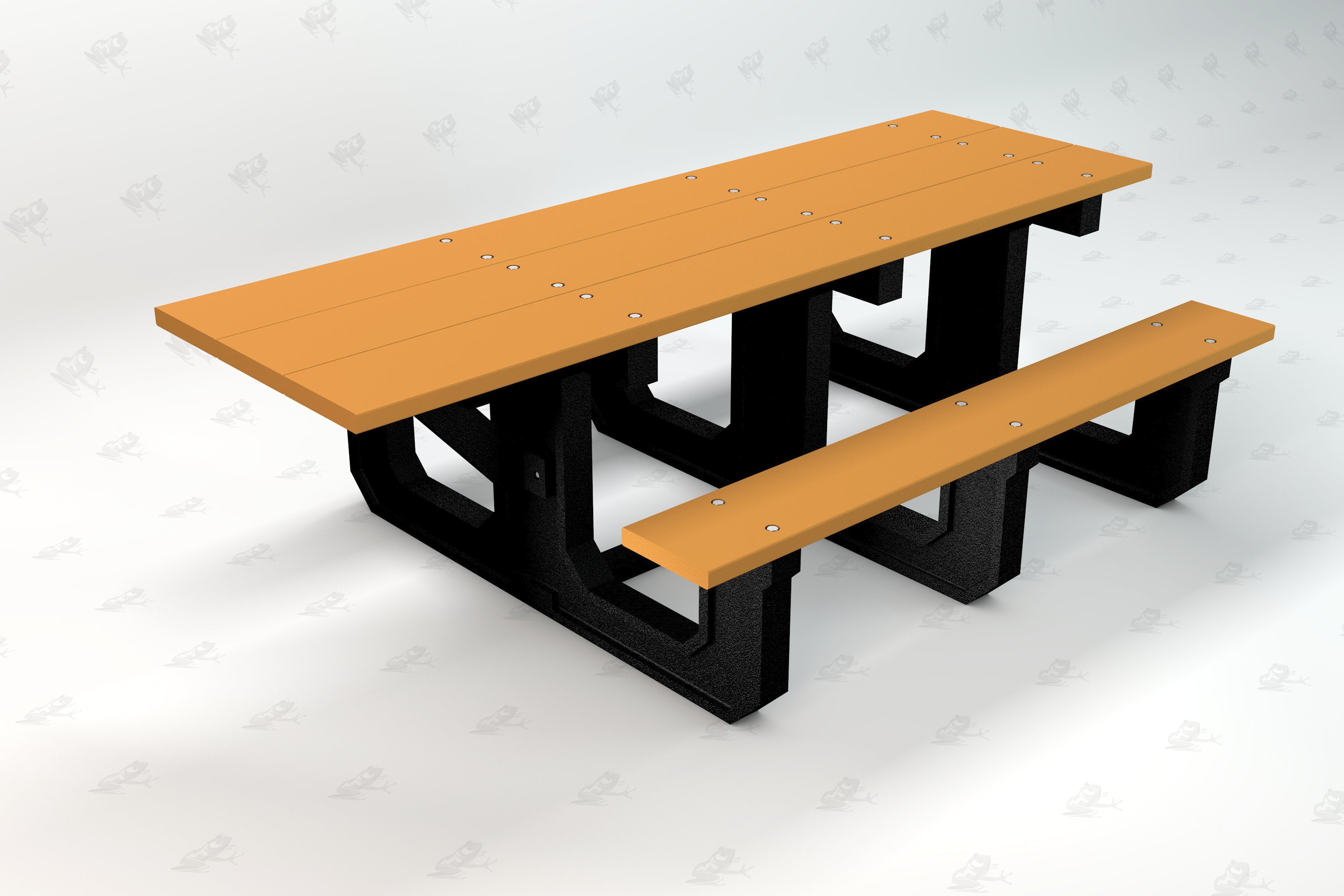 Recycled plastic picnic table with cedar-colored top and black base, featuring accessible design and durable construction.