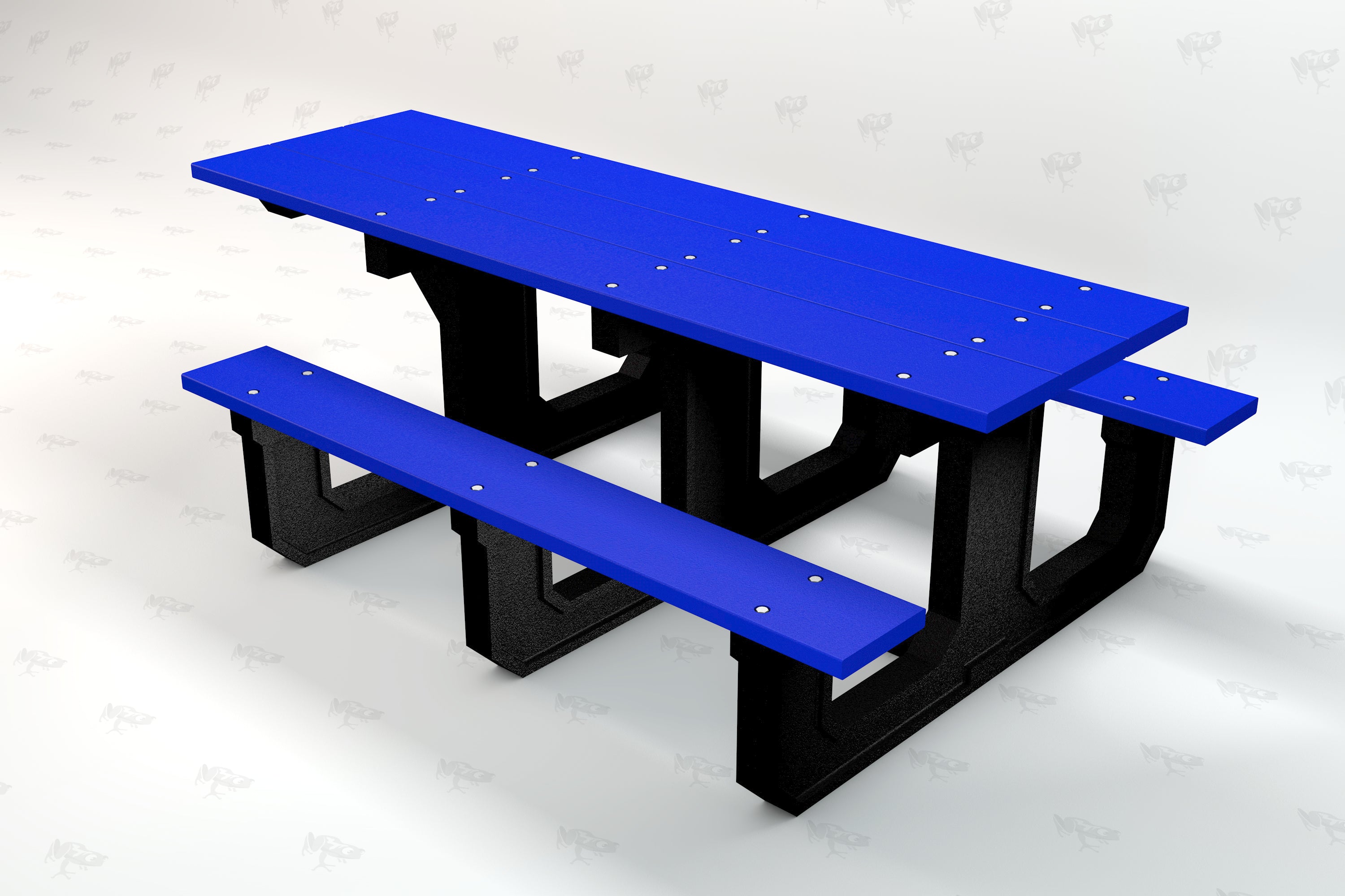 Blue recycled plastic picnic table with black supports and attached benches, designed for outdoor accessibility and durability.
