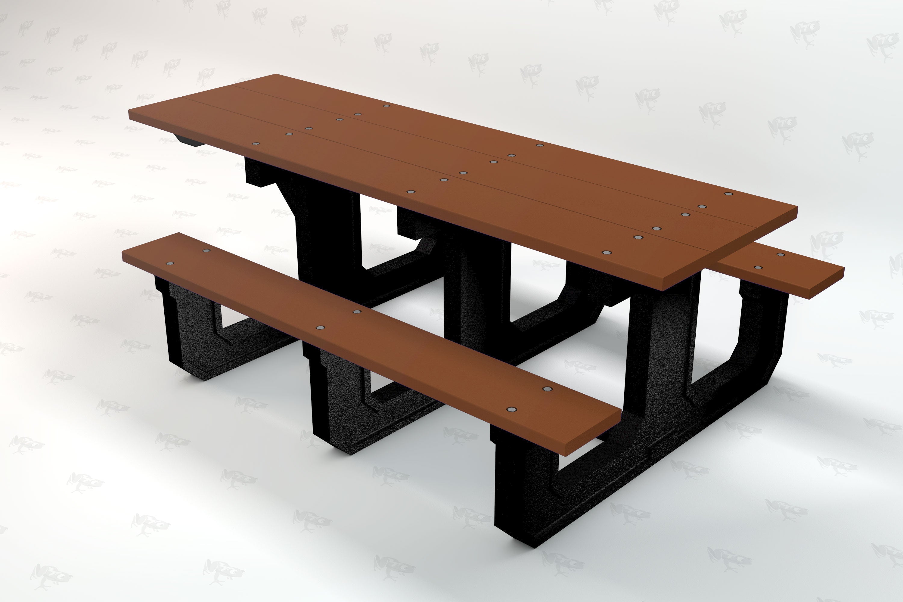 Brown recycled plastic picnic table with black legs, attached benches, and ADA accessible design.