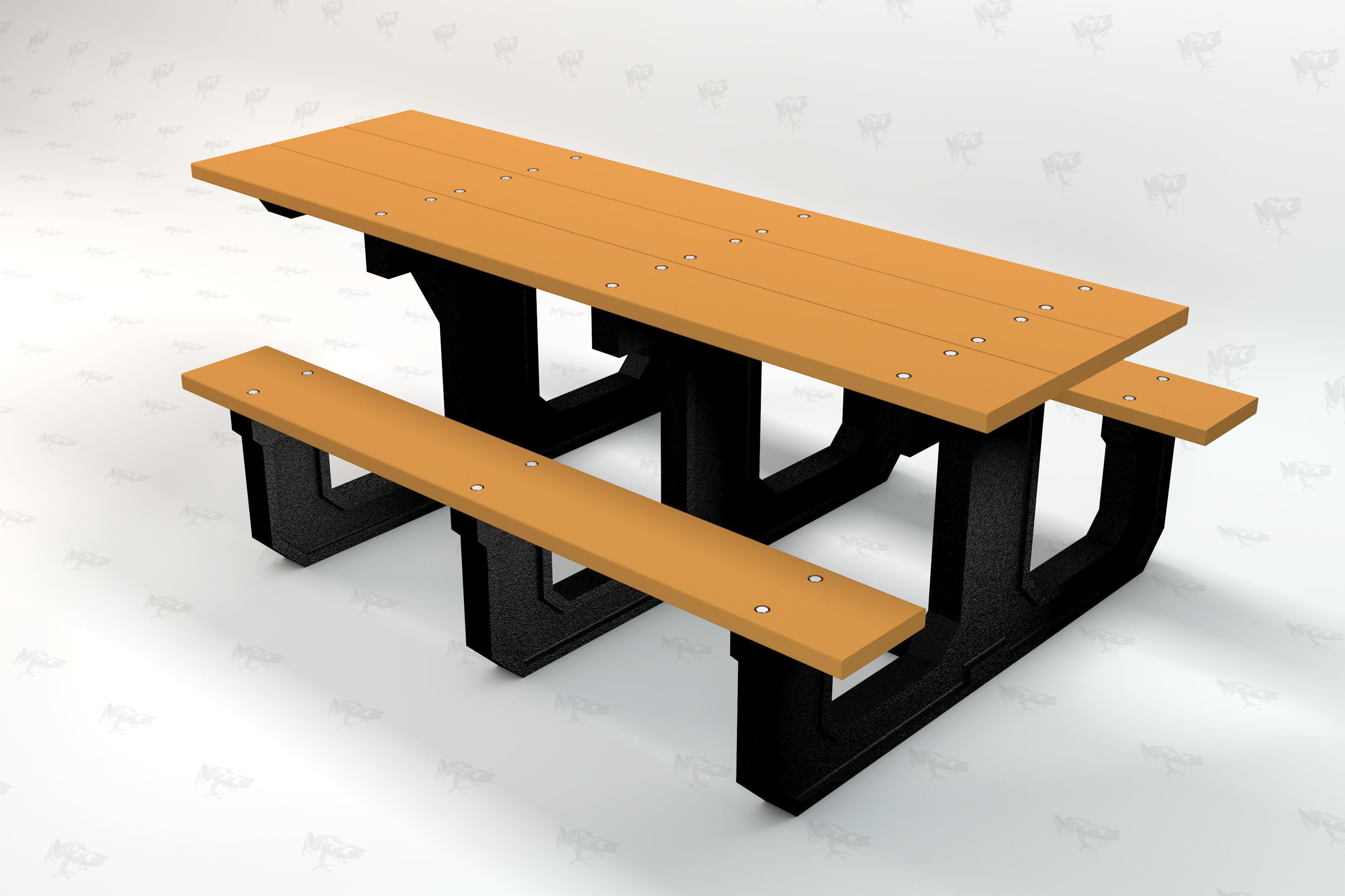 Cedar-colored recycled plastic picnic table with black supports, ADA accessible design, angled view
