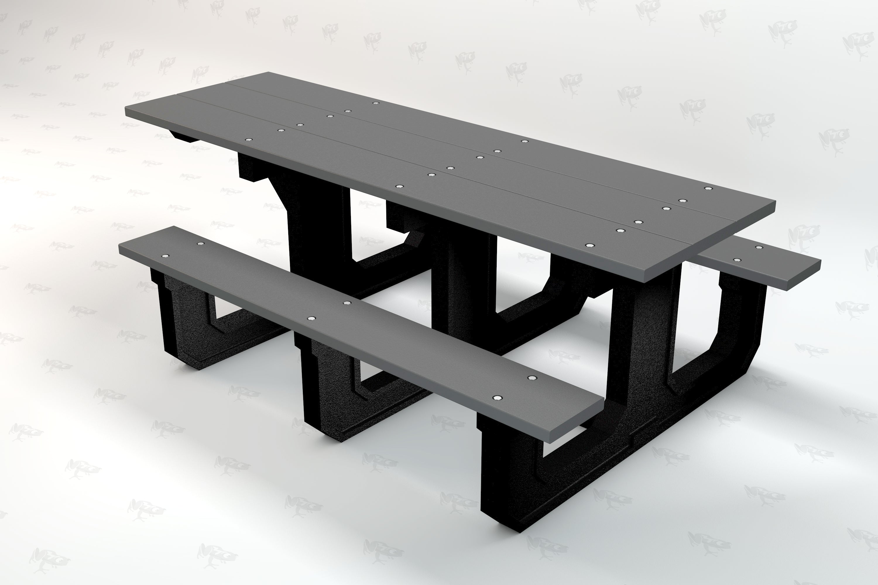 Gray recycled plastic picnic table with slatted top and benches, black supports, ADA accessible design, outdoor use