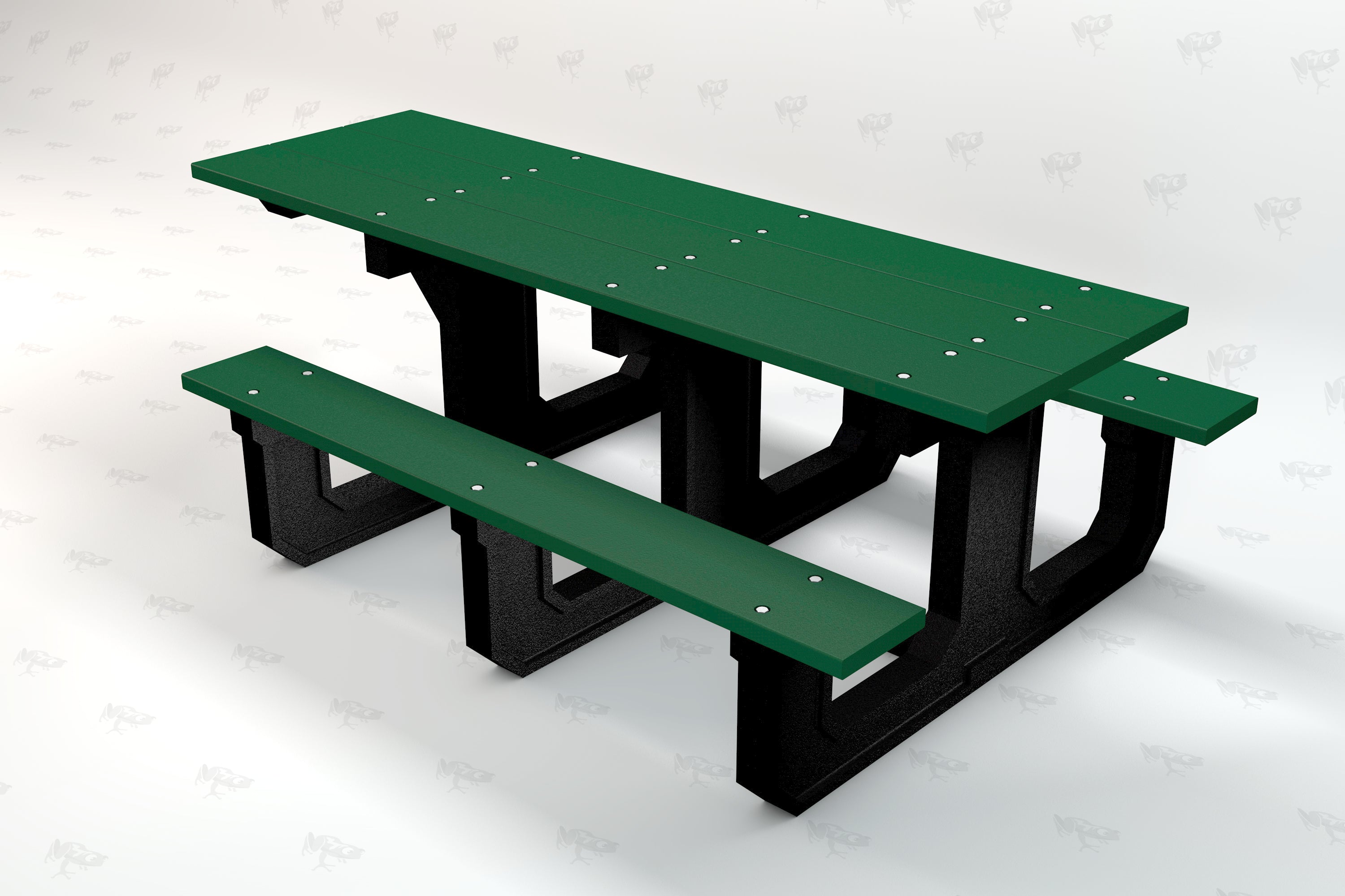 Green recycled plastic picnic table with black supports and ADA-accessible bench on one side for inclusive outdoor seating