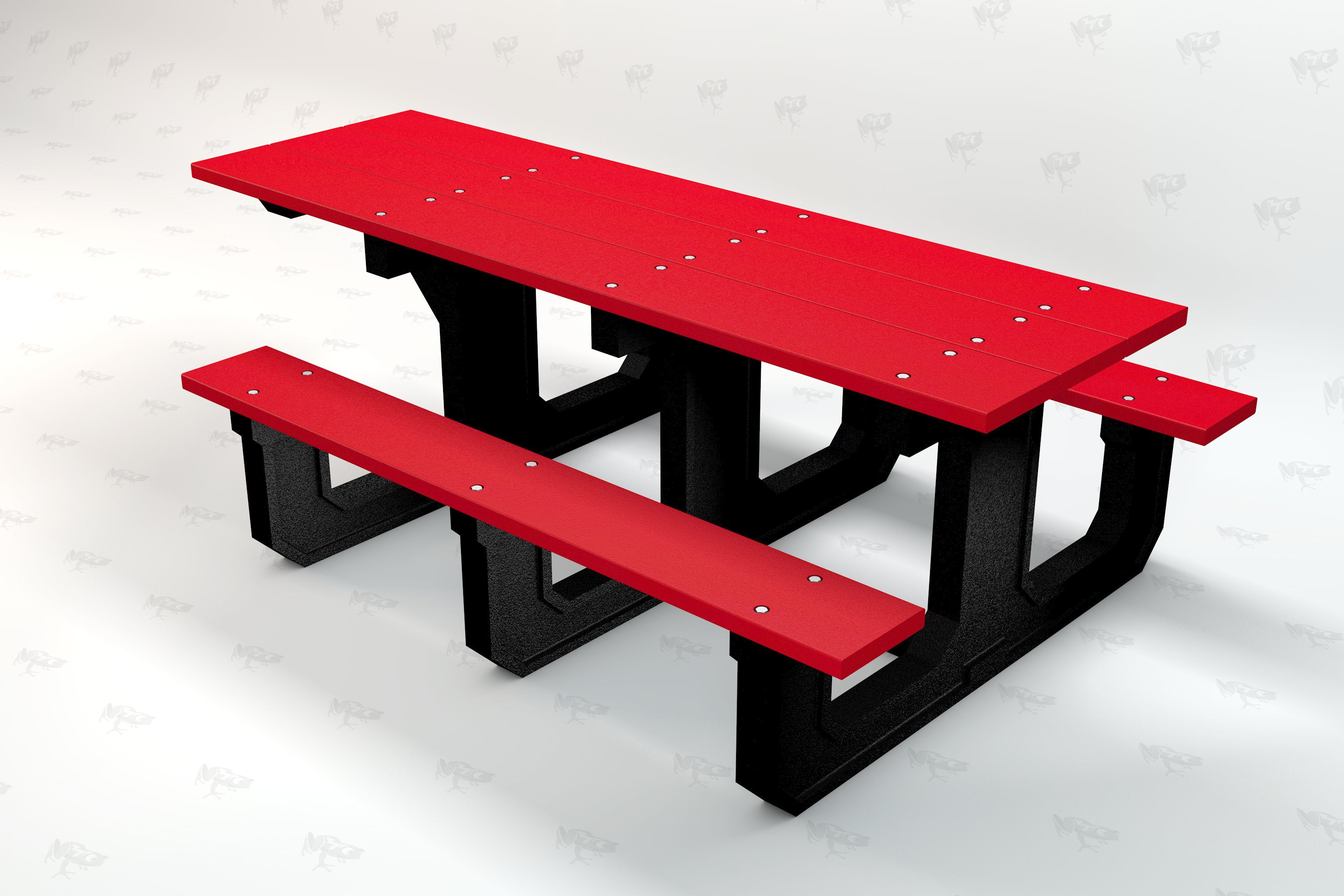 Red recycled plastic picnic table with black supports, ADA accessible design, angled view.