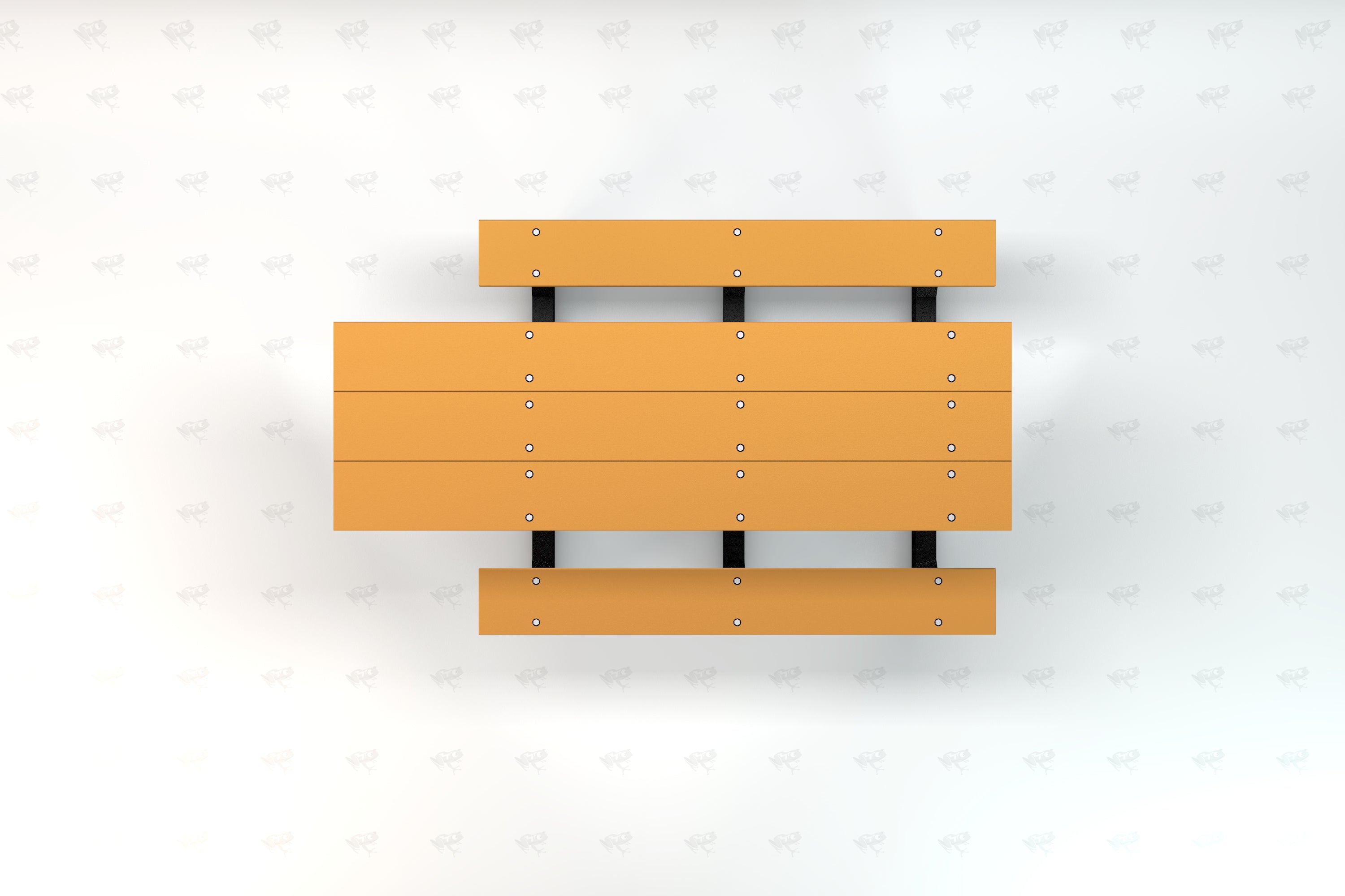 Overhead view of an accessible recycled plastic picnic table with orange planks and black metal supports