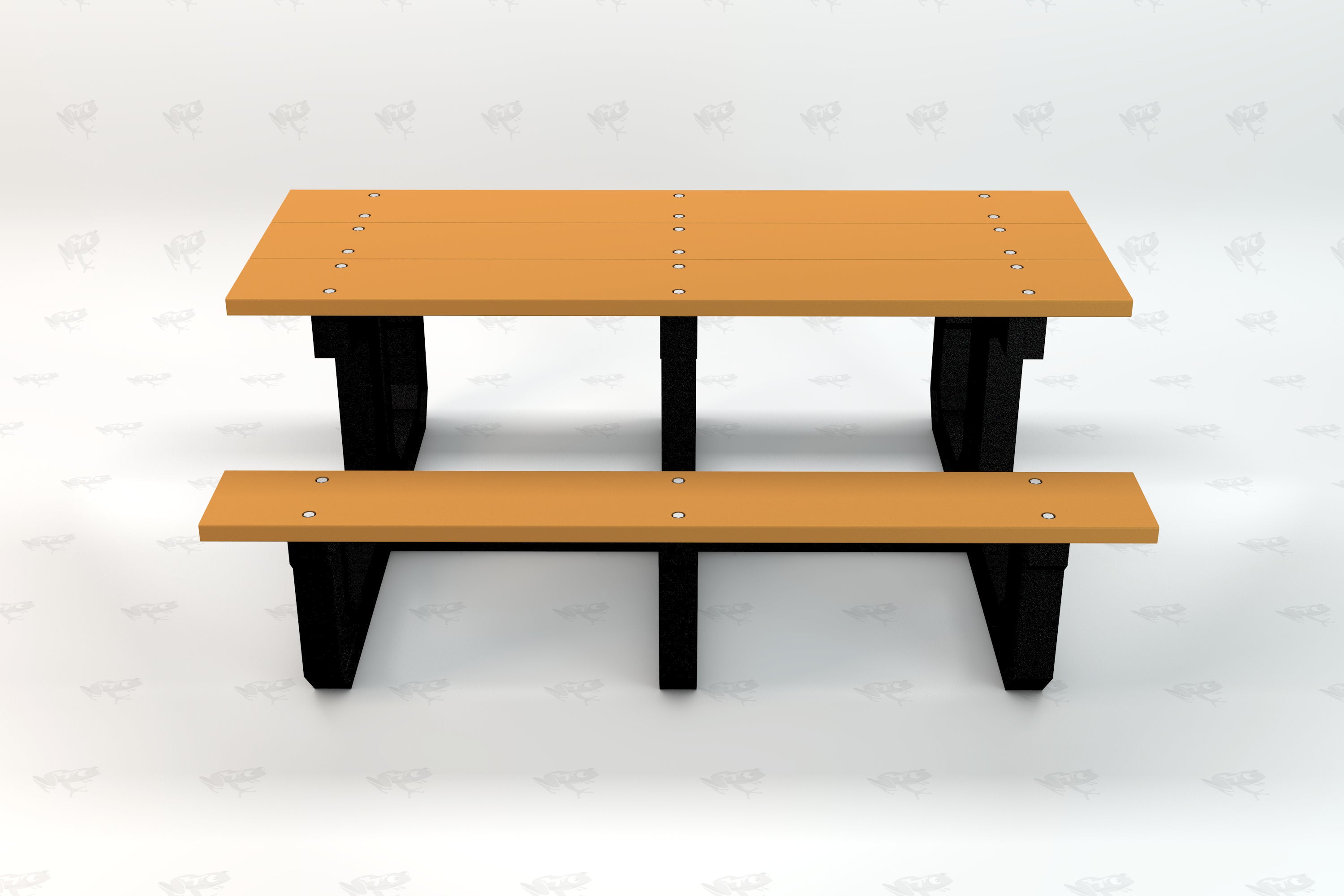 Recycled plastic picnic table with tan slats and black supports, designed for outdoor communal use and durability