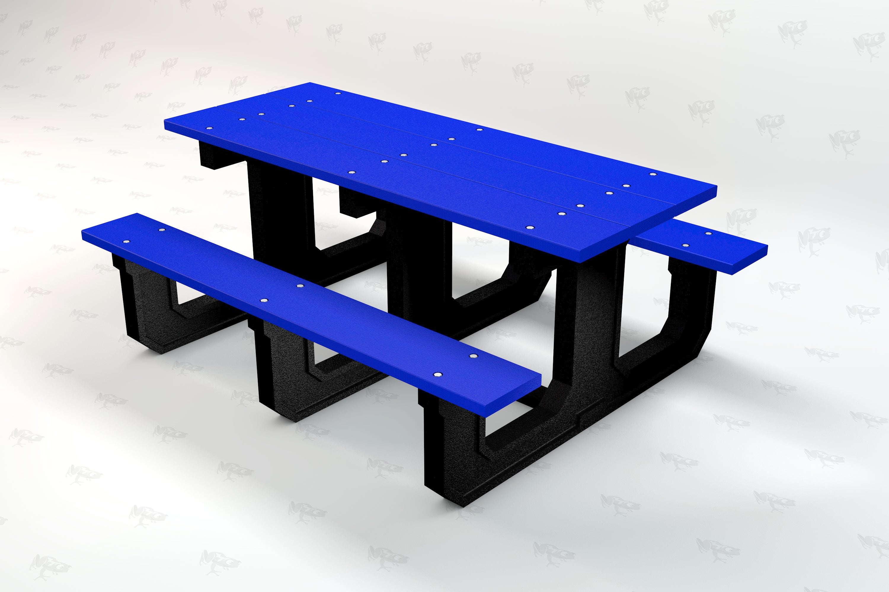 Blue recycled plastic picnic table with black metal supports and attached benches, angled view.