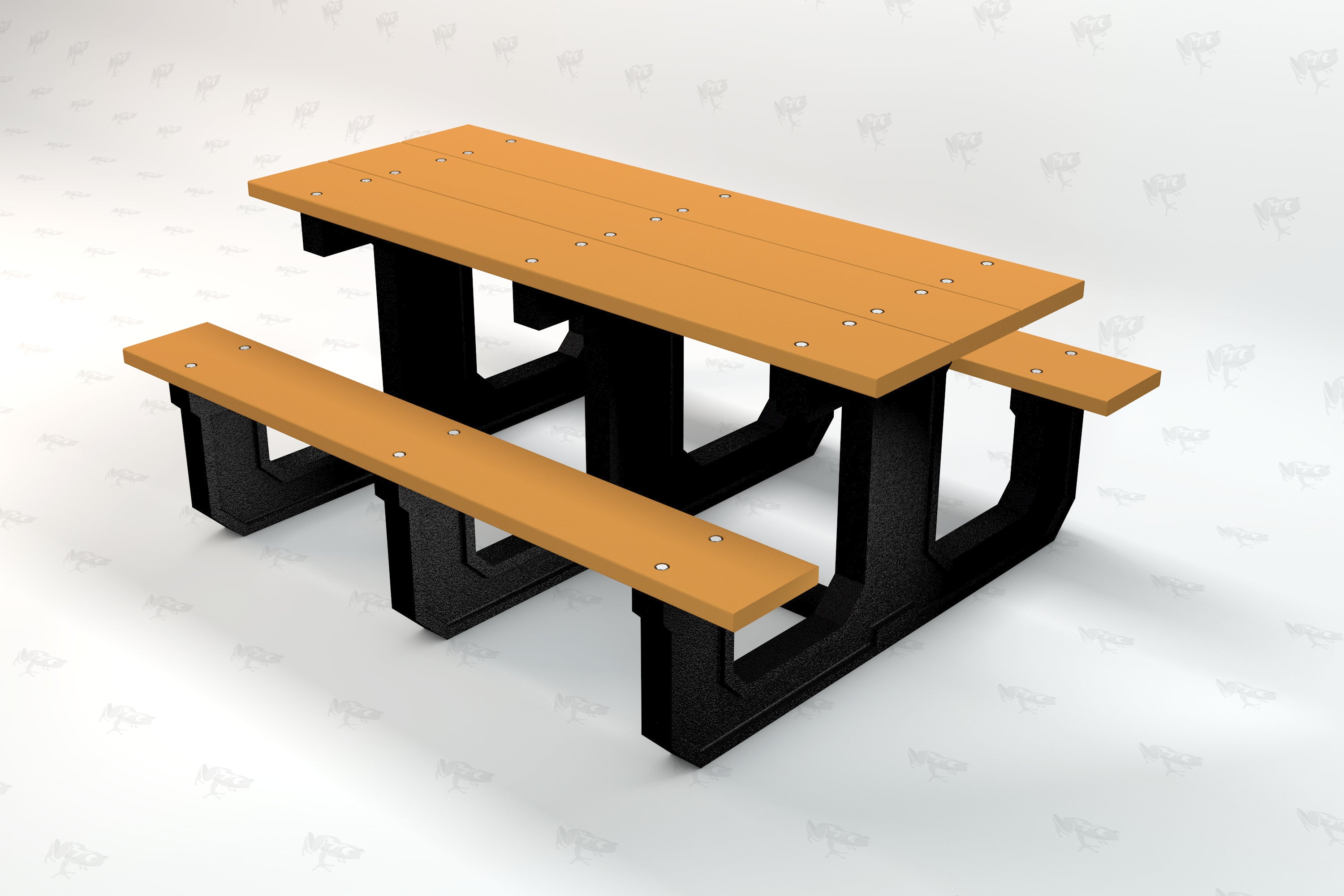 Outdoor recycled plastic picnic table with bright orange planks and sturdy black legs, designed for communal use.
