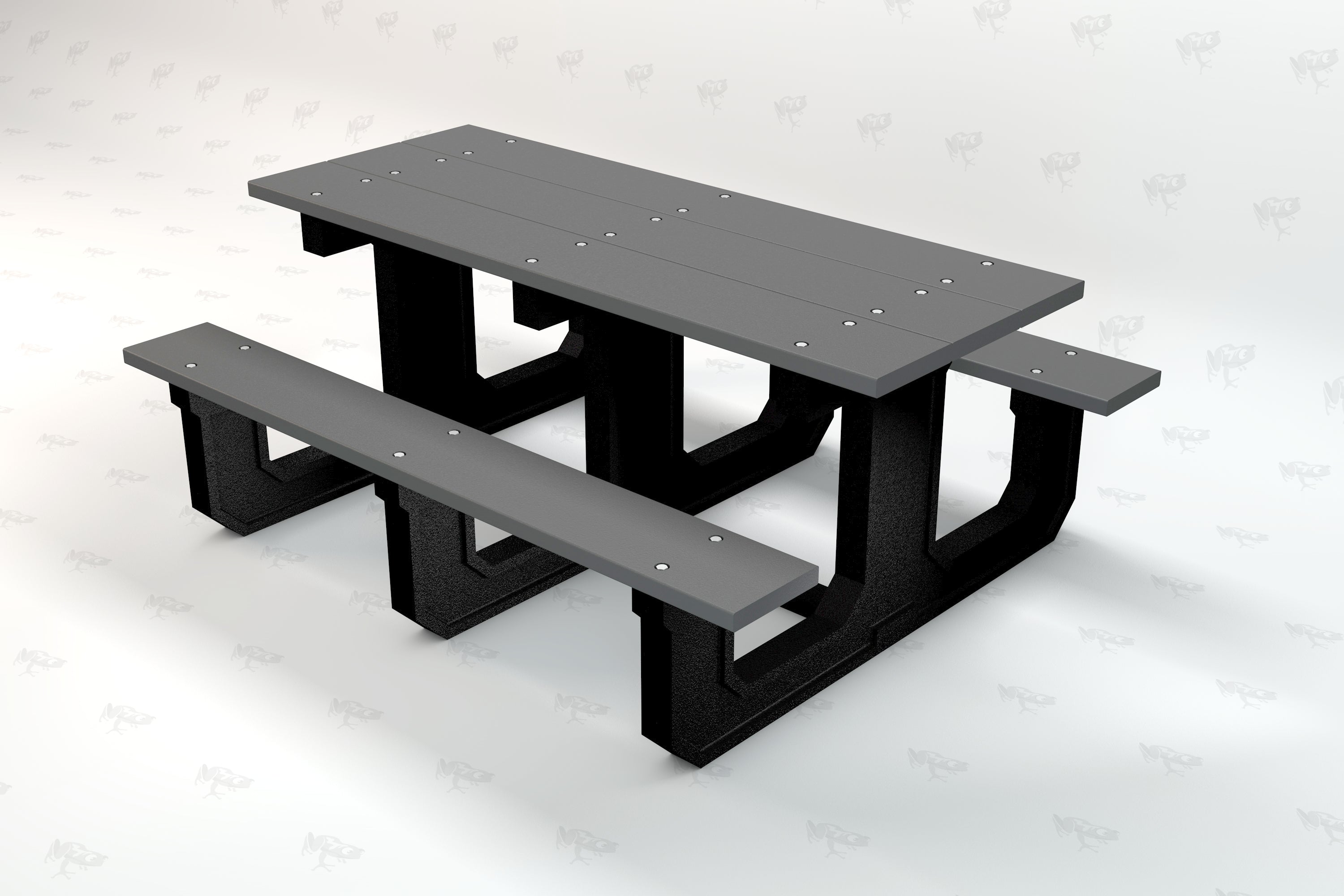 Gray recycled plastic picnic table with attached benches and sturdy black supports, angled view.