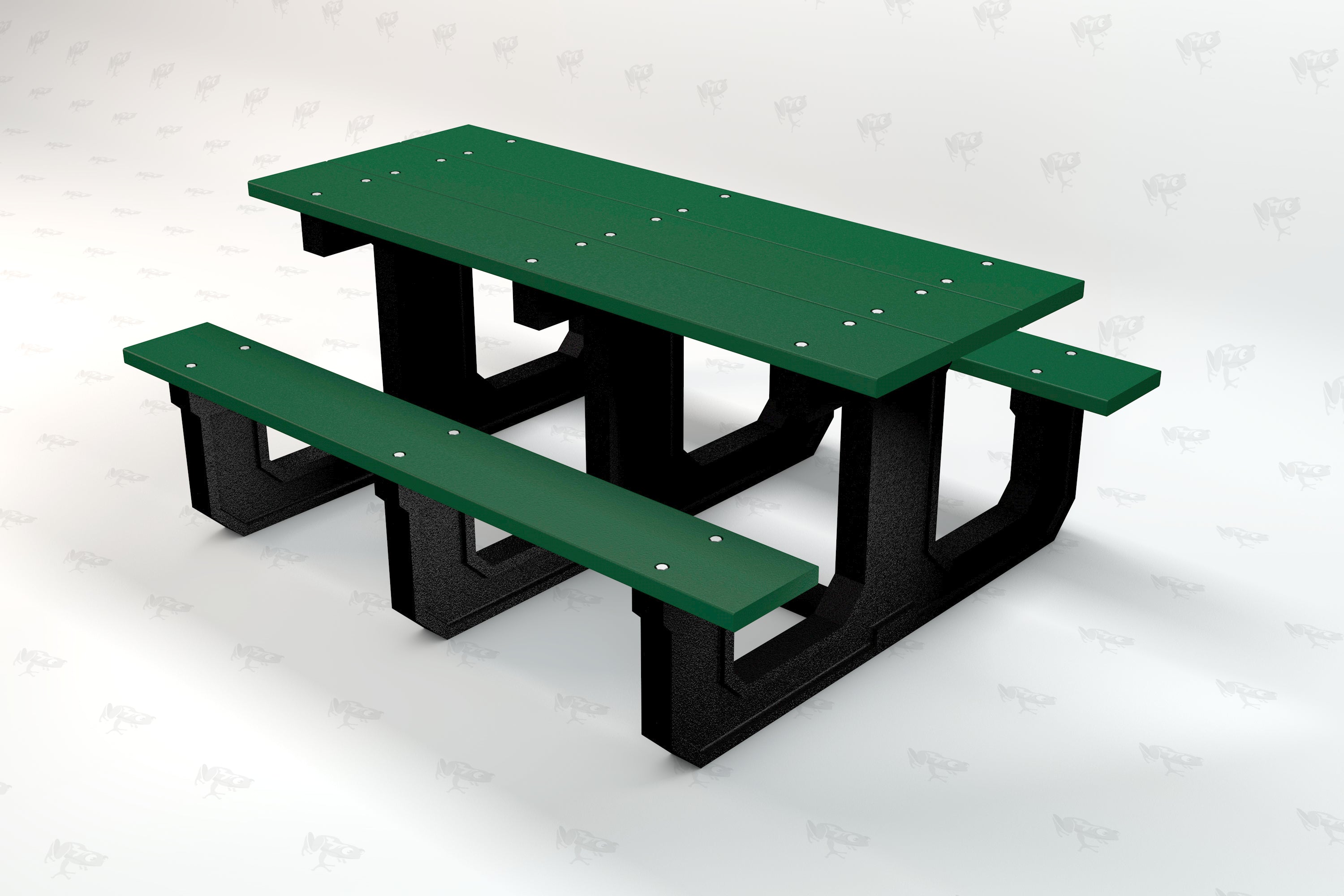 Green recycled plastic picnic table with attached benches and black metal supports, angled view.