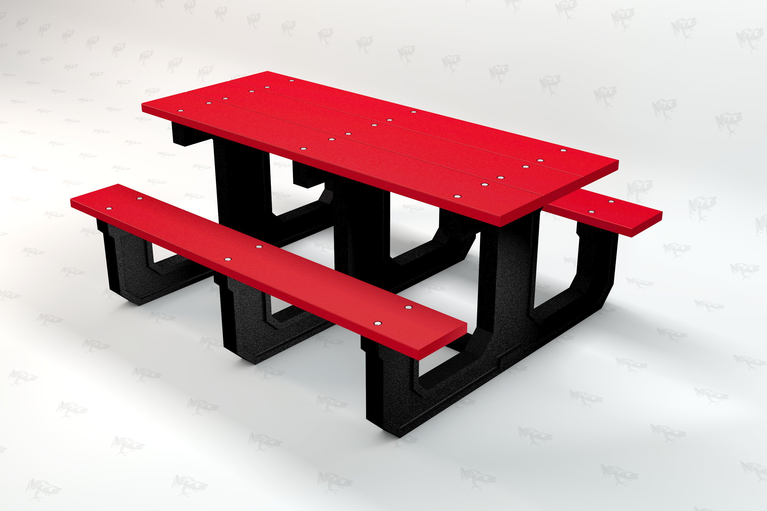 Red recycled plastic picnic table with attached benches and black metal supports, angled view