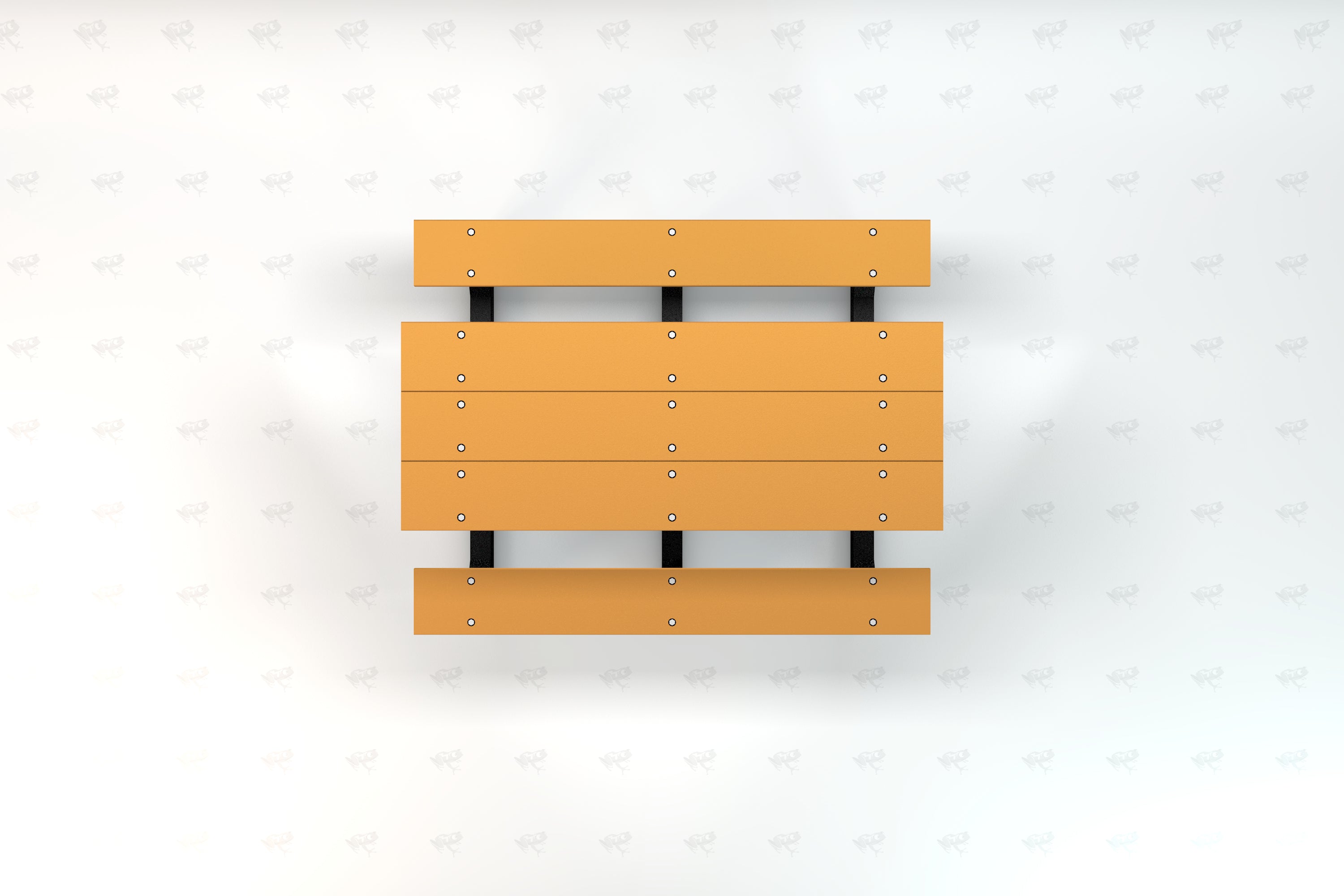 Overhead view of rectangular recycled plastic picnic table with orange slats and black metal supports