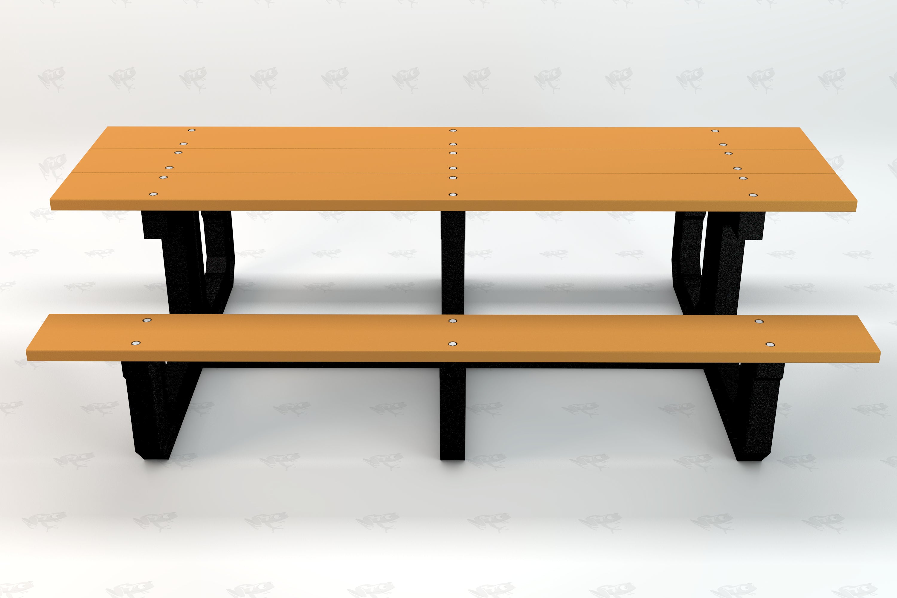 Recycled plastic picnic table with orange slatted top and bench, black sturdy legs, front view