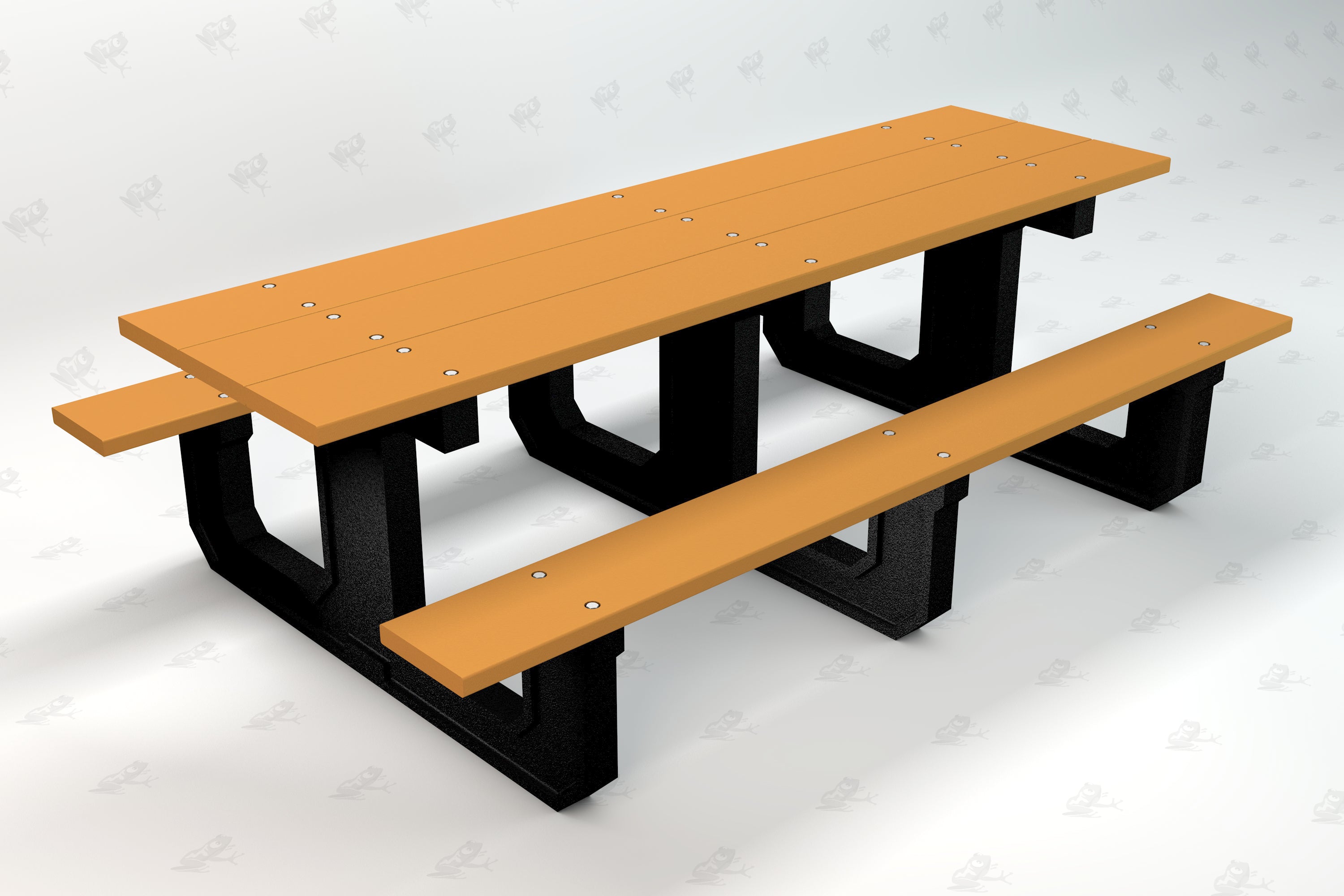 Recycled plastic picnic table with orange slatted top and benches, supported by sturdy black legs, angled view