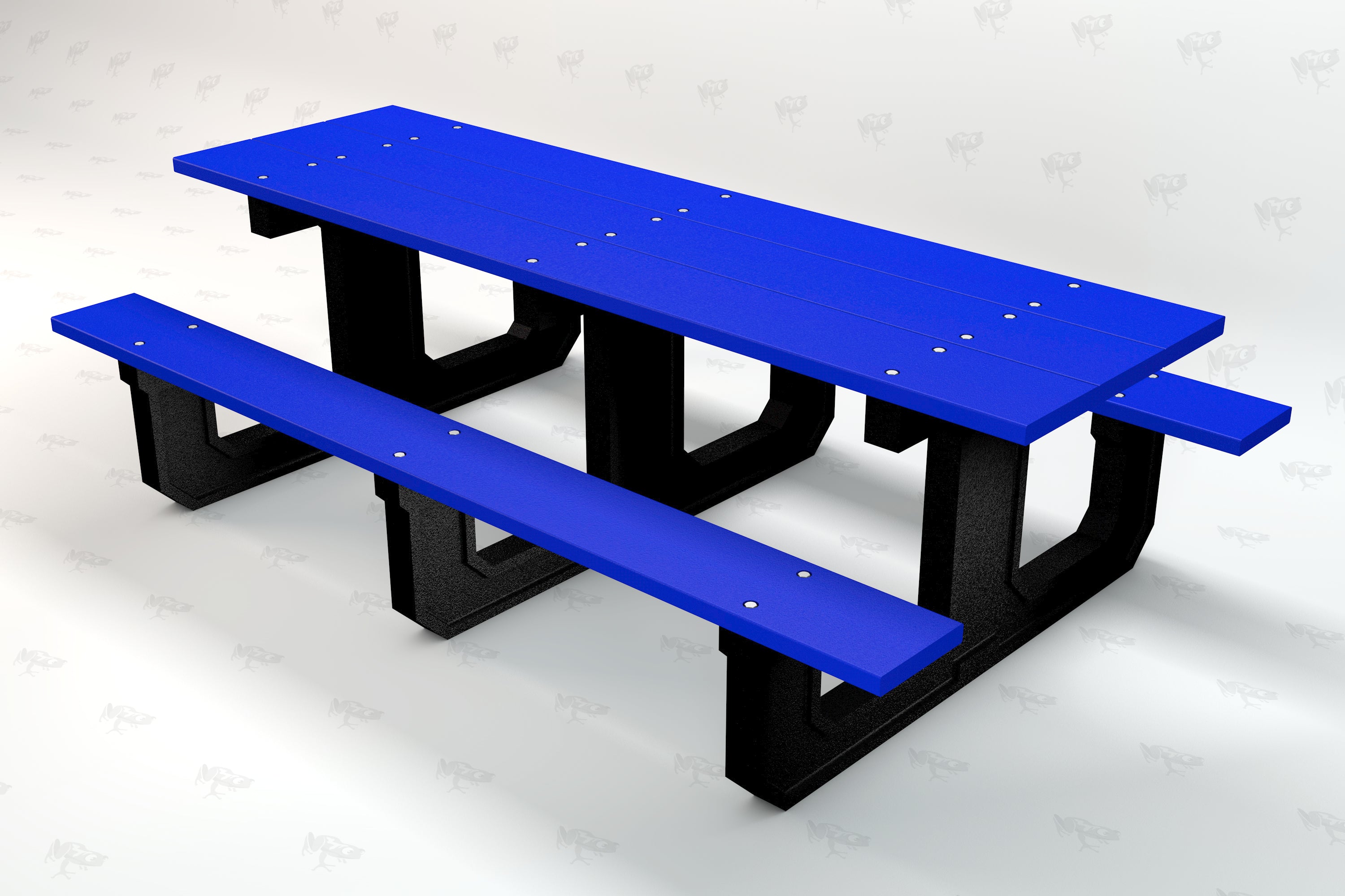 Blue recycled plastic picnic table with attached benches and black metal supports, angled view.
